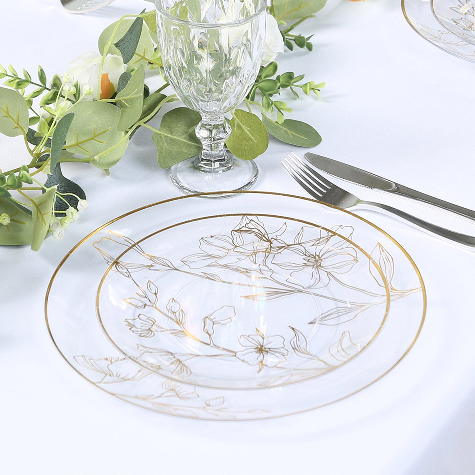 Set of 20 Disposable Clear Plastic Dinner and Dessert Plates with Metallic Gold Floral Design