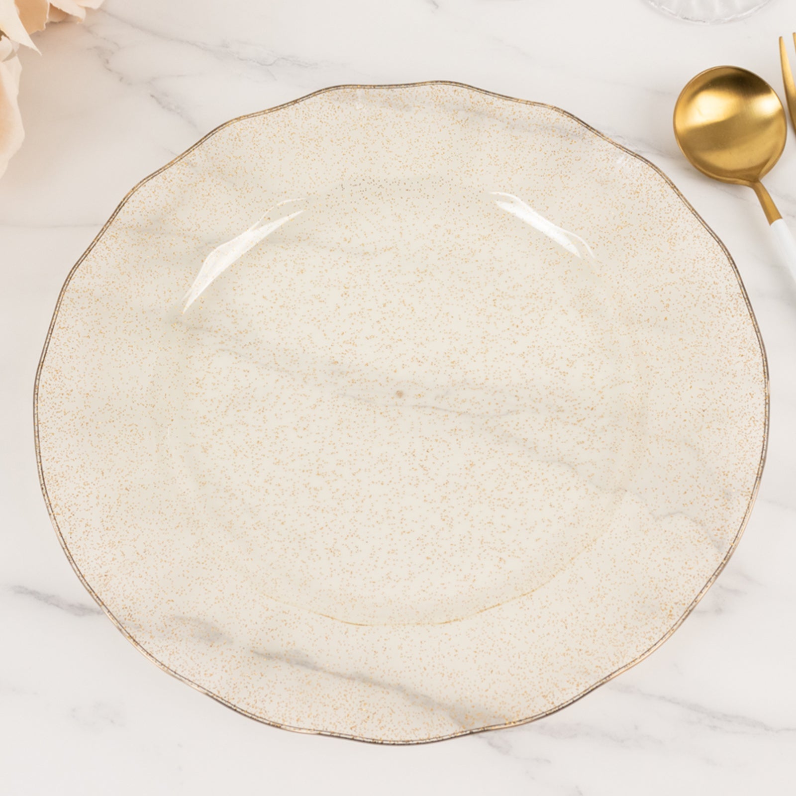 Get 10-Pack of Sturdy Disposable Gold Glitter Round Plastic Dinner Plates with Ruffled Rim