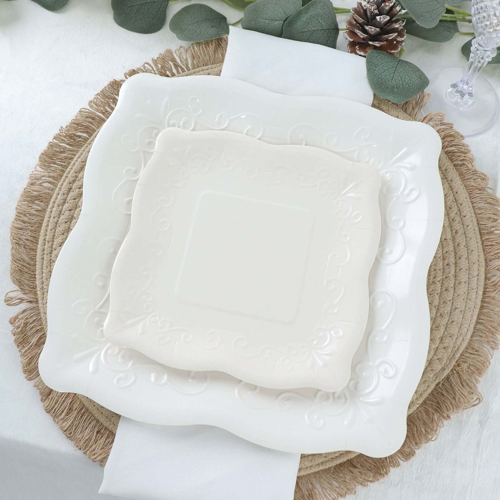 25-Pack Disposable White Square Dinner Plates with Vintage Pottery Embossed Design - Great Value!
