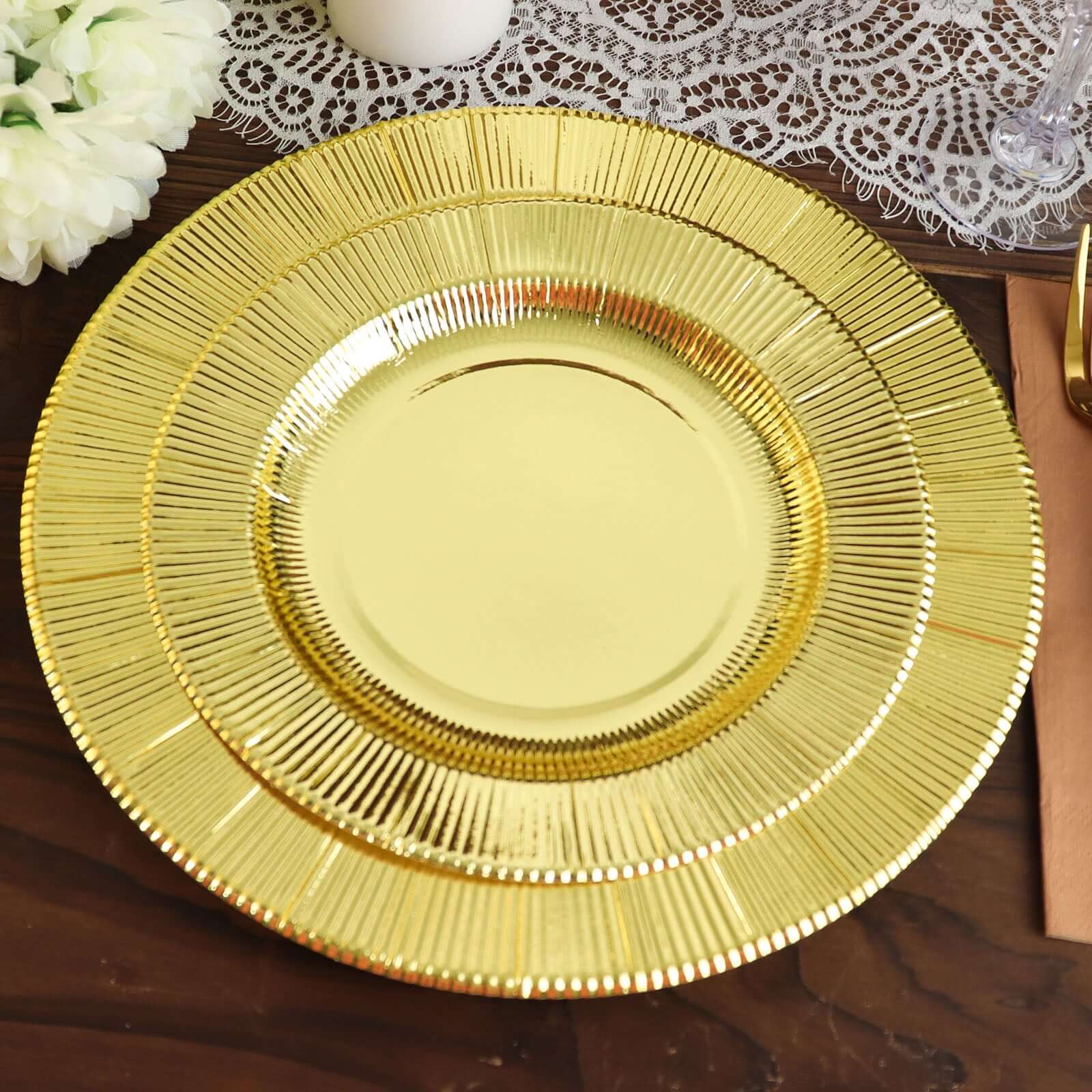 25-Piece Set of Disposable 8-Inch Round Metallic Gold Sunray Design Paper Dessert Plates - Heavy Duty 350GSM