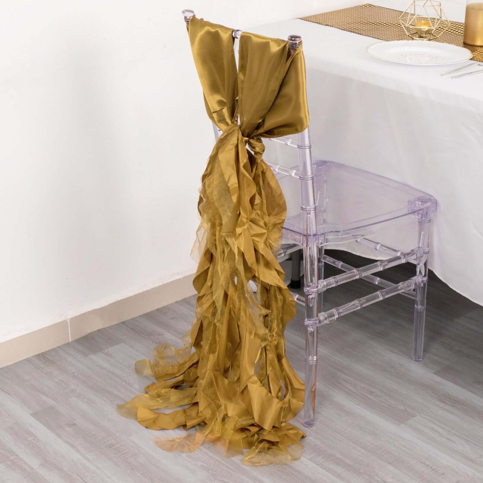 5-Pack Gold Chiffon Satin Curly Willow Chair Sashes - Easy Install, Ideal for Weddings