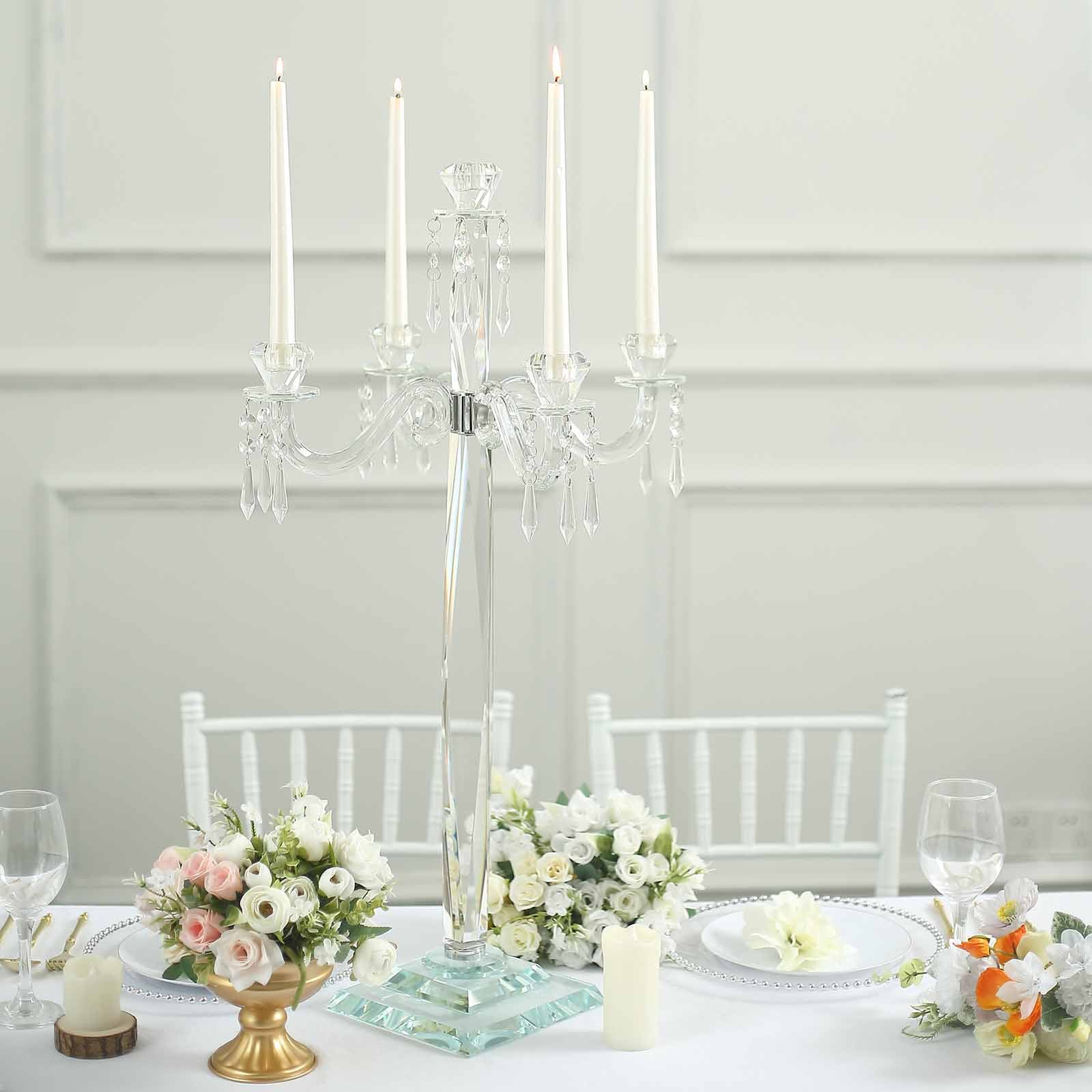 36-Inch 4-Arm Decorative Crystal Glass Taper Candle Holder Candelabra with Chandelier Chains