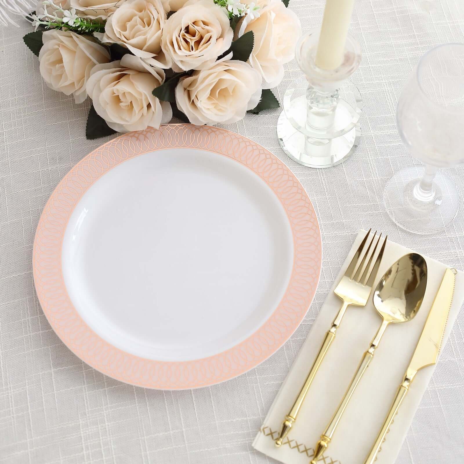 10-Piece Set of White Plastic Round Dinner Plates with Blush Rose Gold Spiral Rim for Parties