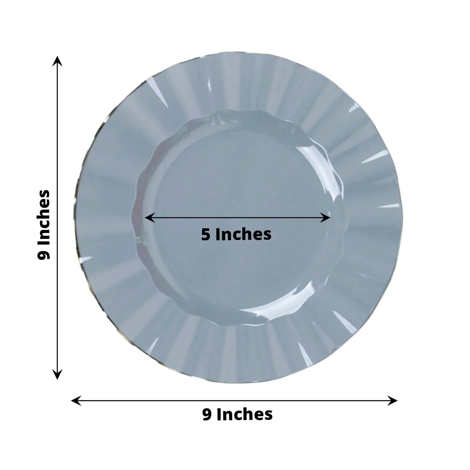 10-Piece Set of Sturdy Disposable 9-Inch Round Dusty Blue Dinner Plates with Gold Ruffled Edging