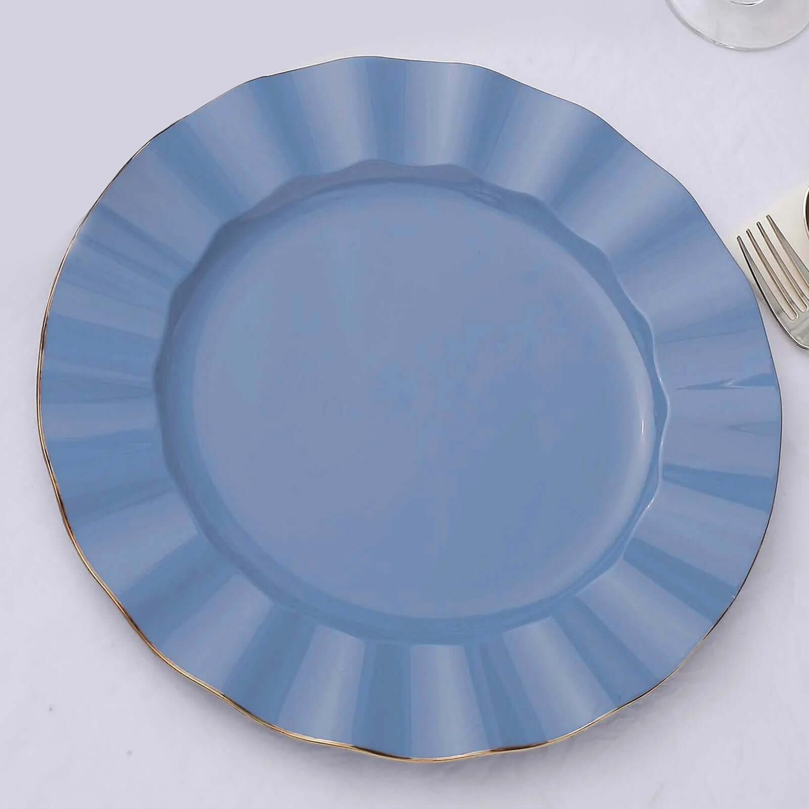 10-Piece Set of Sturdy Disposable Ocean Blue Round Dinner Plates with Gold-Rimmed Ruffled Edges