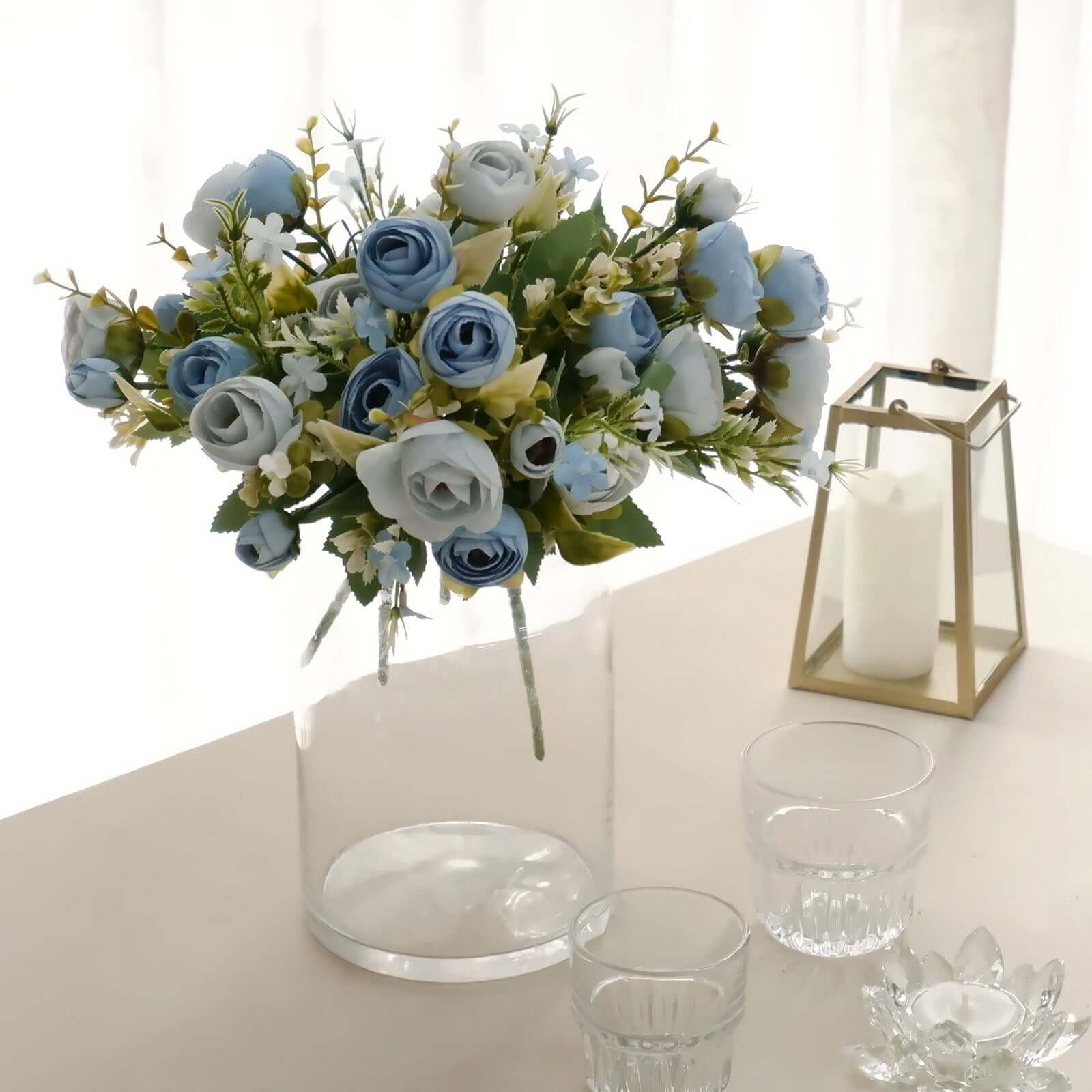 4-Pack Dusty Blue Artificial Ranunculus Silk Flower Bouquets for Bridal and Decor