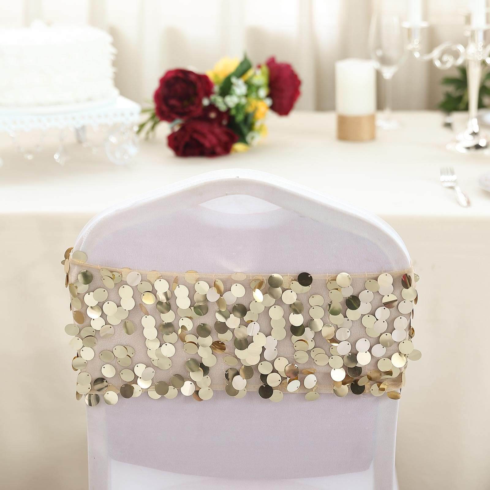 5-Pack Champagne Payette Sequin 13x10 Chair Sash Bands - Ideal for Weddings & Gatherings