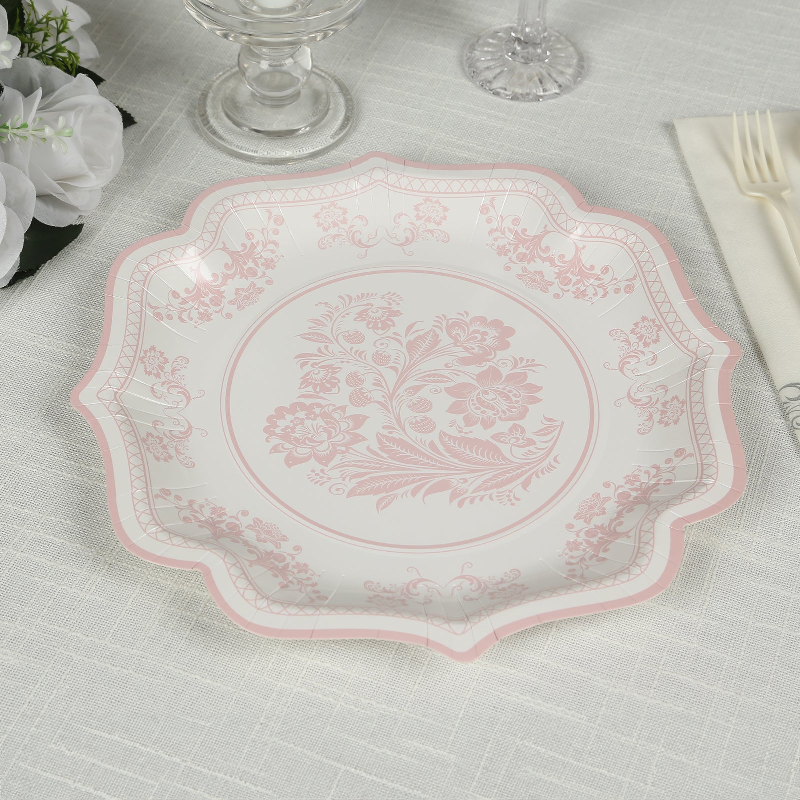 Get 25-Pack of Elegant White Disposable Paper Dessert Plates with Pink Floral Damask Print & Scallop Rim
