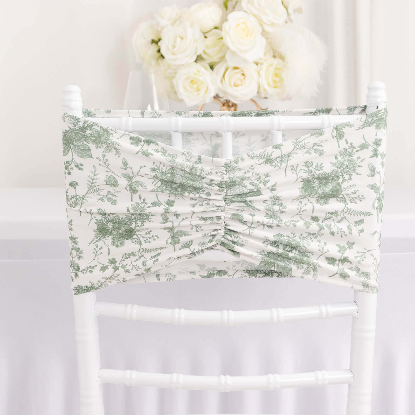 Hot Deal! 5-Pack Wrinkle-Free Spandex Chair Sashes in White and Dusty Sage Green with French Toile Floral Pattern