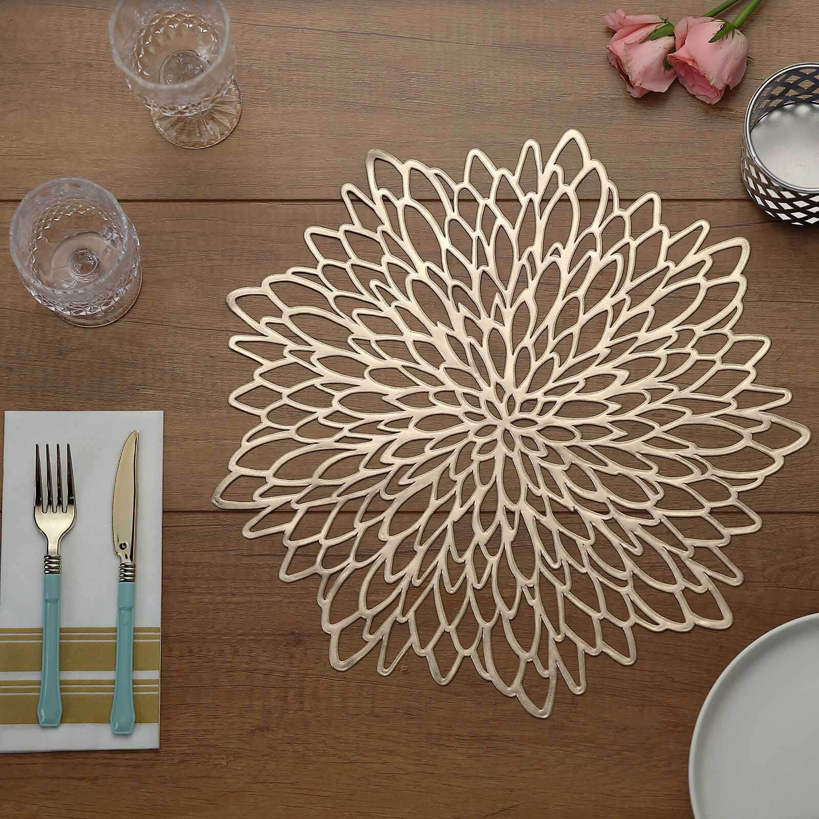 Hot Deal! 6-Pack Gold Floral Vinyl Round Non-Slip Dining Table Mats, 15"