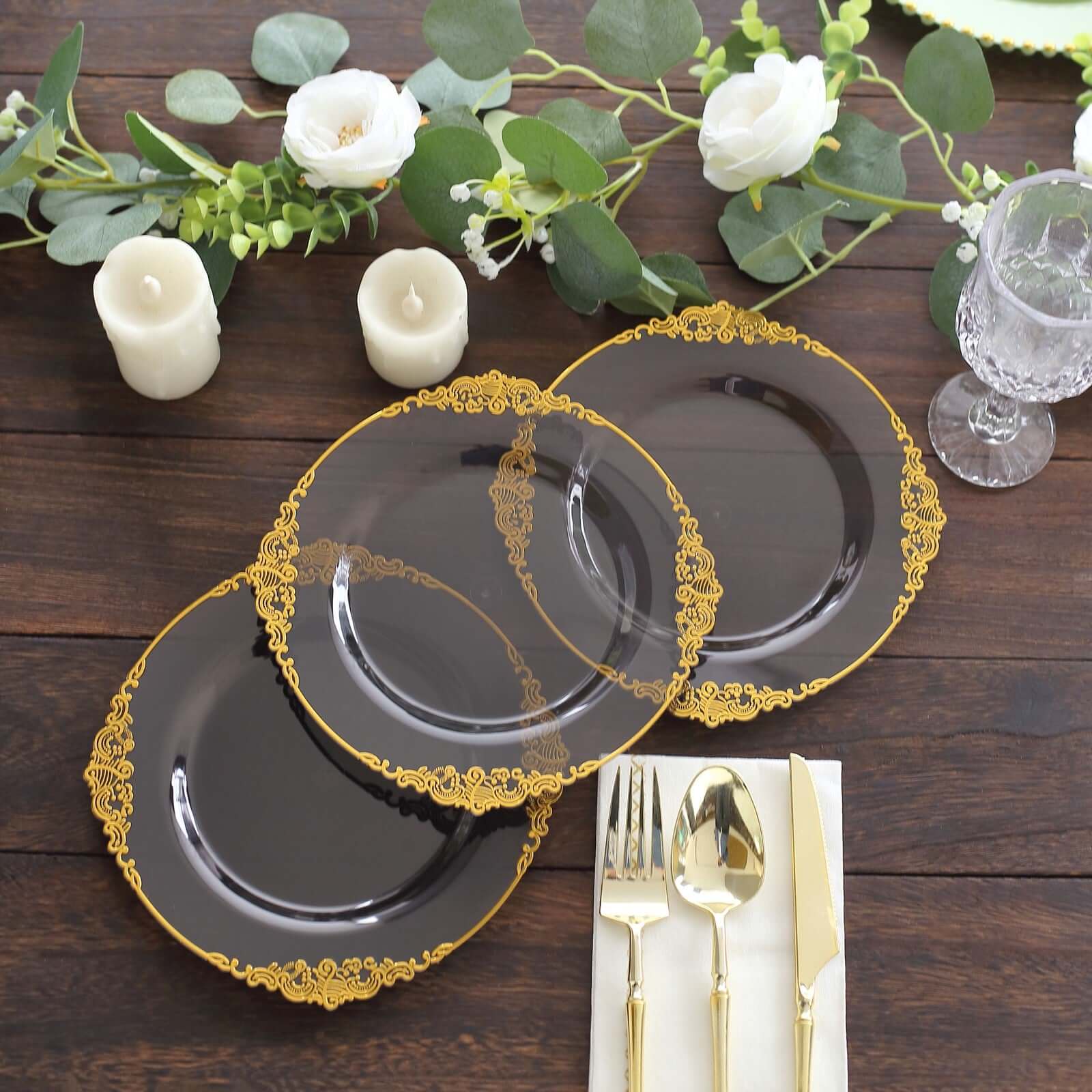 Hot Deal! 10-Pack Disposable 8-Inch Round Plastic Dessert Plates in Transparent Black with Gold Leaf Embossed Rim, Vintage Baroque Style
