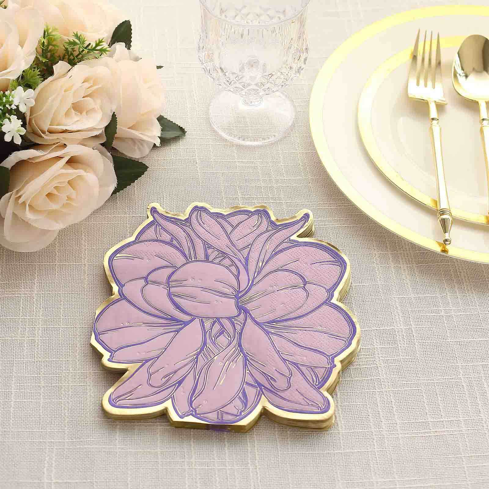 Get 20-Pack Disposable Cocktail Paper Napkins with Purple Peony & Gold Edges for Parties