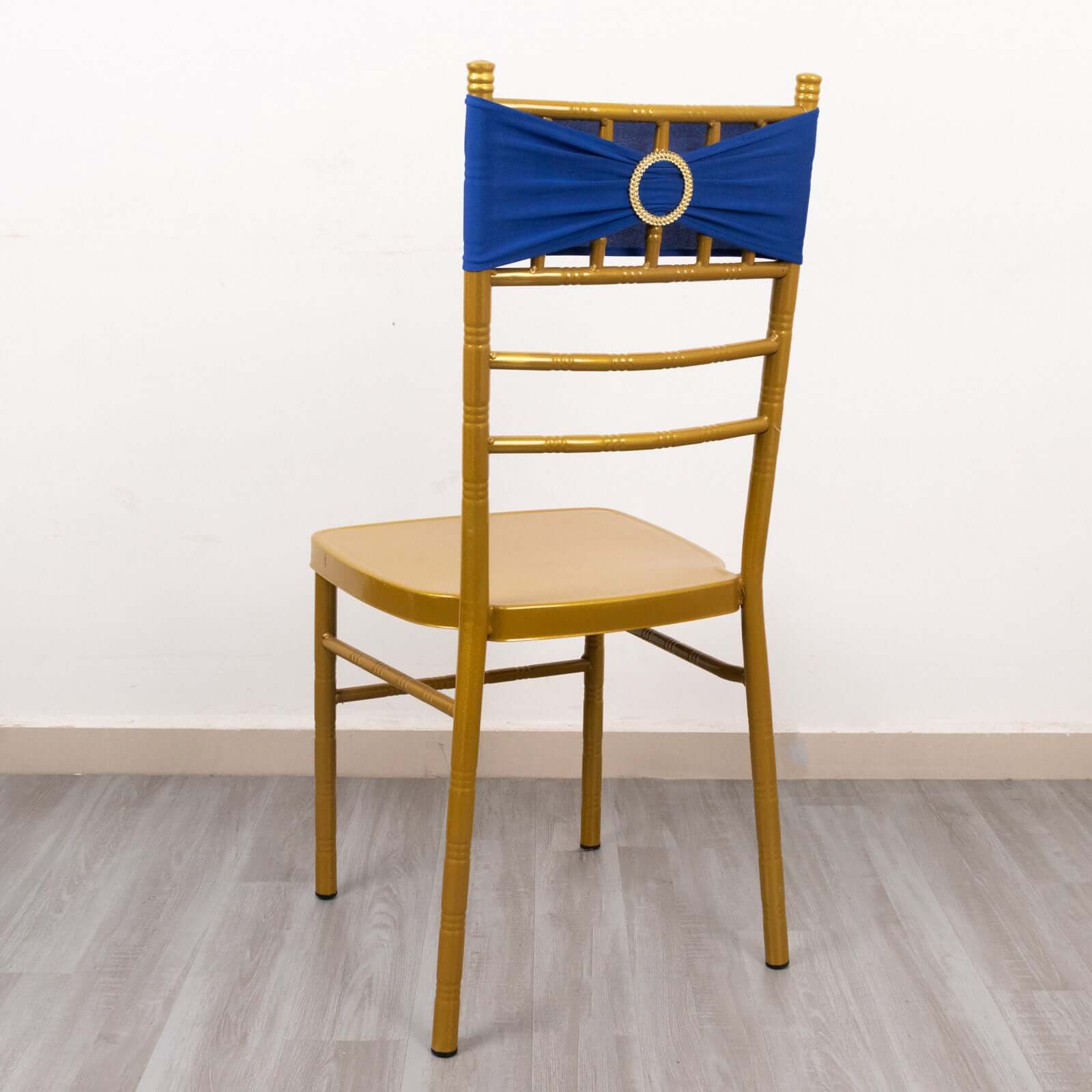 Royal Blue Spandex Chair Sashes with Gold Rhinestone Buckles - 5 Pack, Reusable & Four-Way Stretch