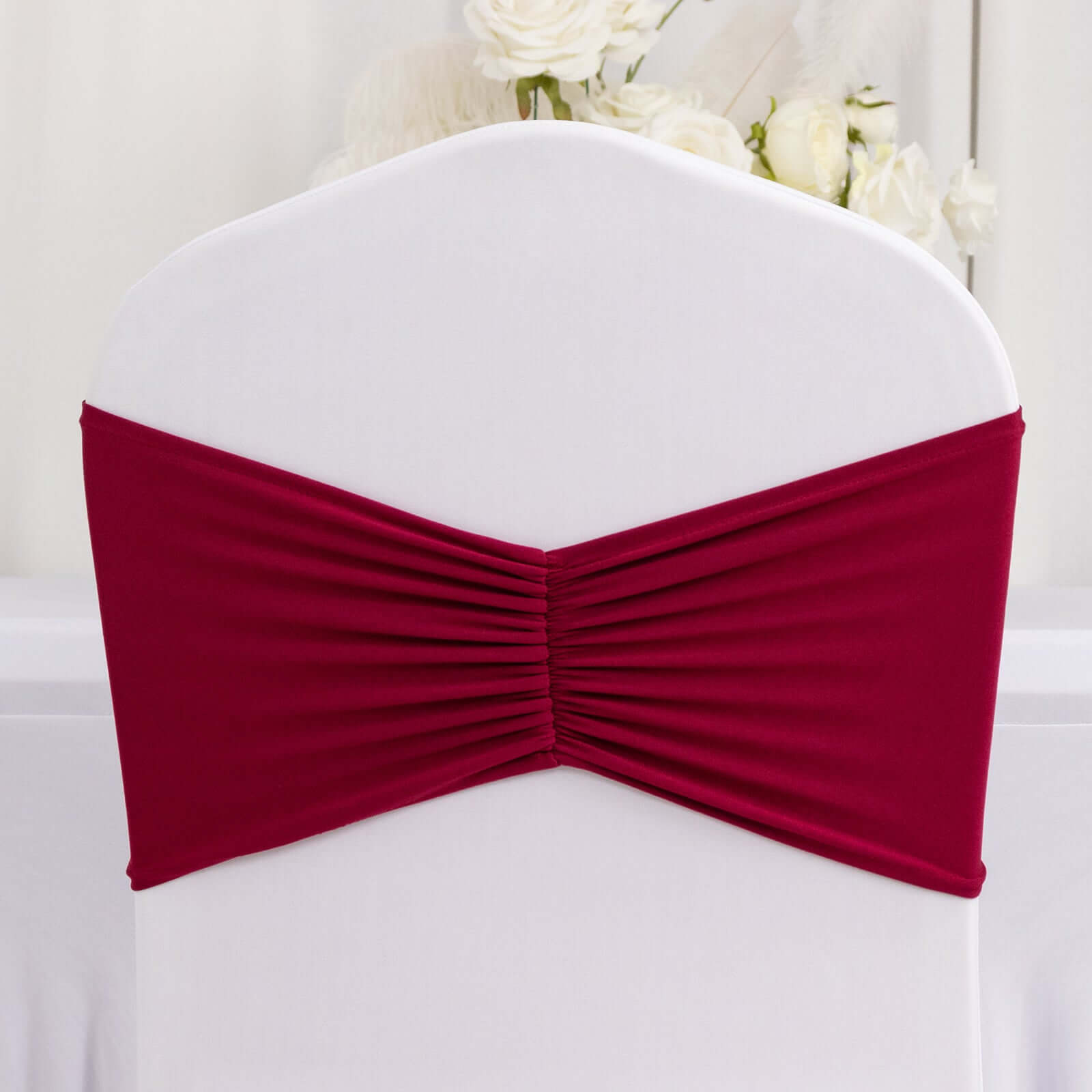 5-Piece Burgundy Ruffled Spandex Chair Sashes - Wide, Easy-to-Use Stretch Bands for Chairs