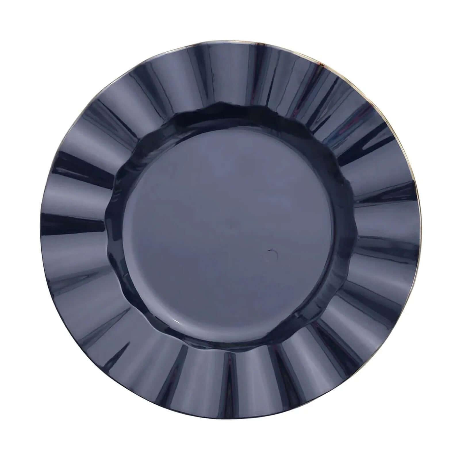 10-Piece Set of Navy Blue Plastic Round Dinner Plates with Gold Edged Ruffled Rim - Sturdy Disposable Dinnerware