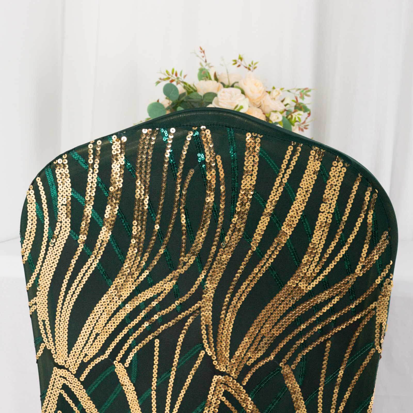 Sparkling Hunter Emerald Green/Gold Spandex Banquet Chair Covers with Wave Embroidered Sequins - Stretch Fitted Slipcovers