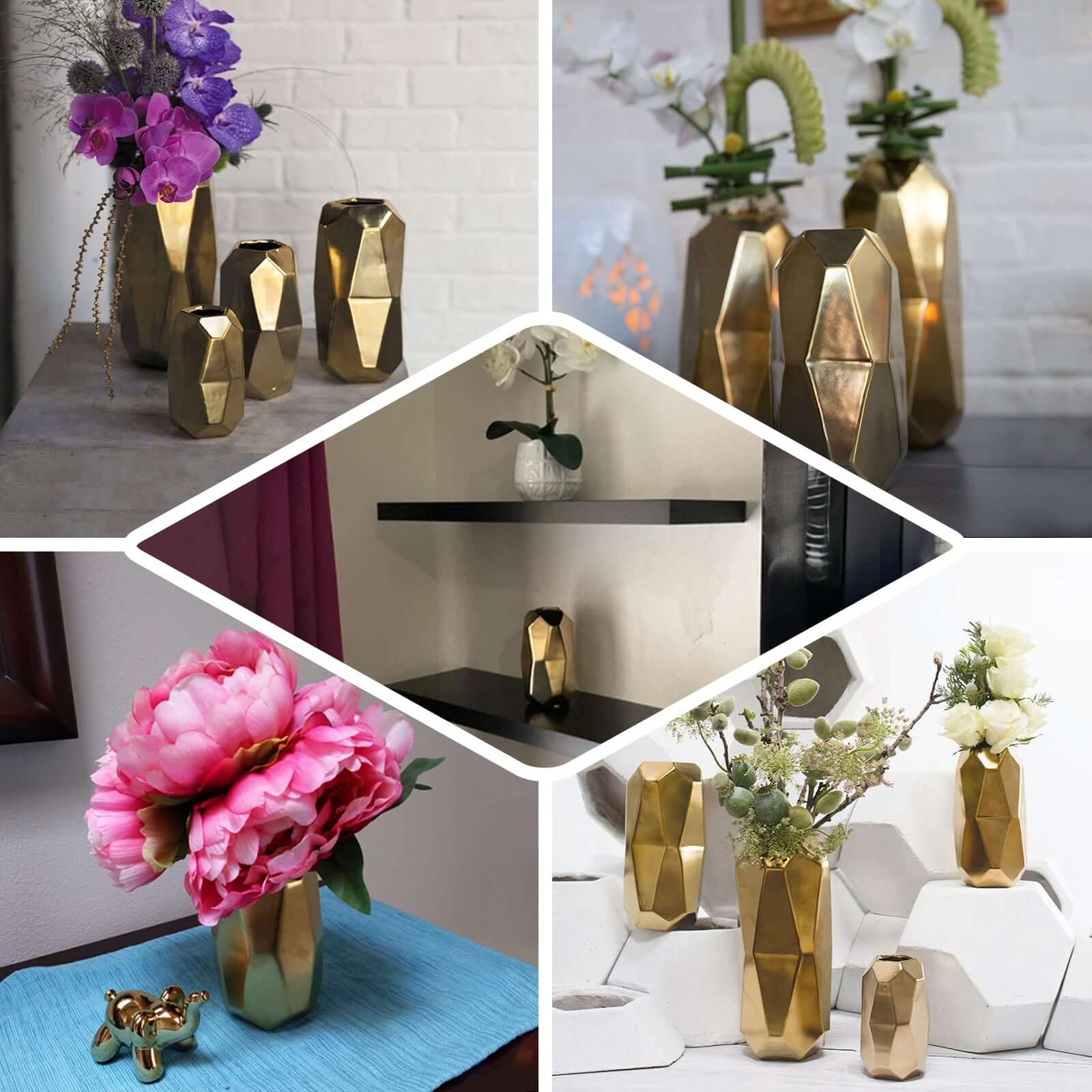 2-Pack Gold Metallic Ceramic Geometric Cylinder Vases - Ideal for Stylish Floral Arrangements