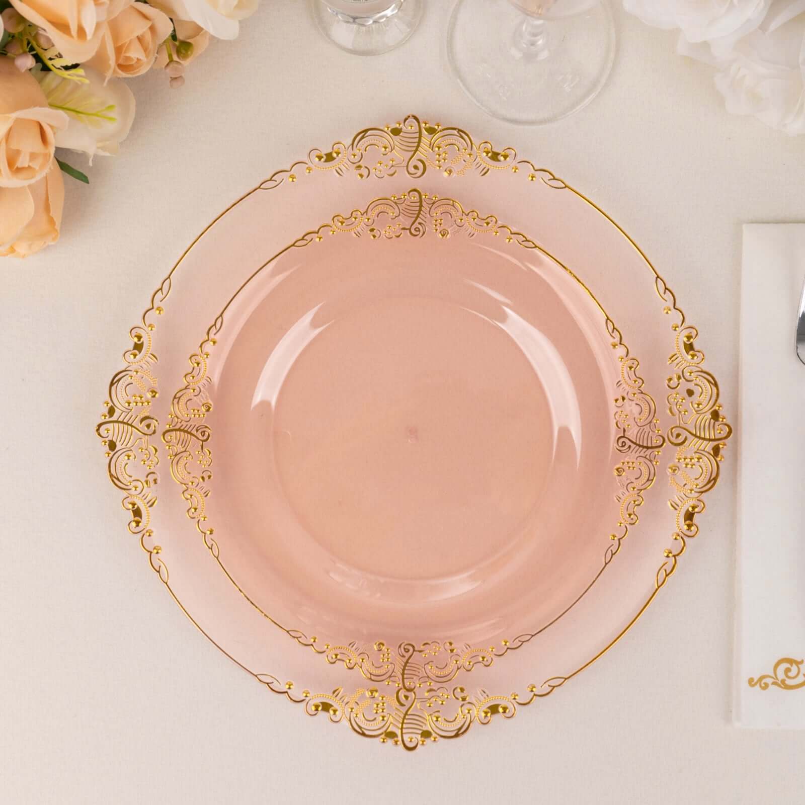10-Pack Disposable 8" Transparent Blush Plastic Dessert Plates with Gold Leaf Embossed Rim - Vintage Baroque Style