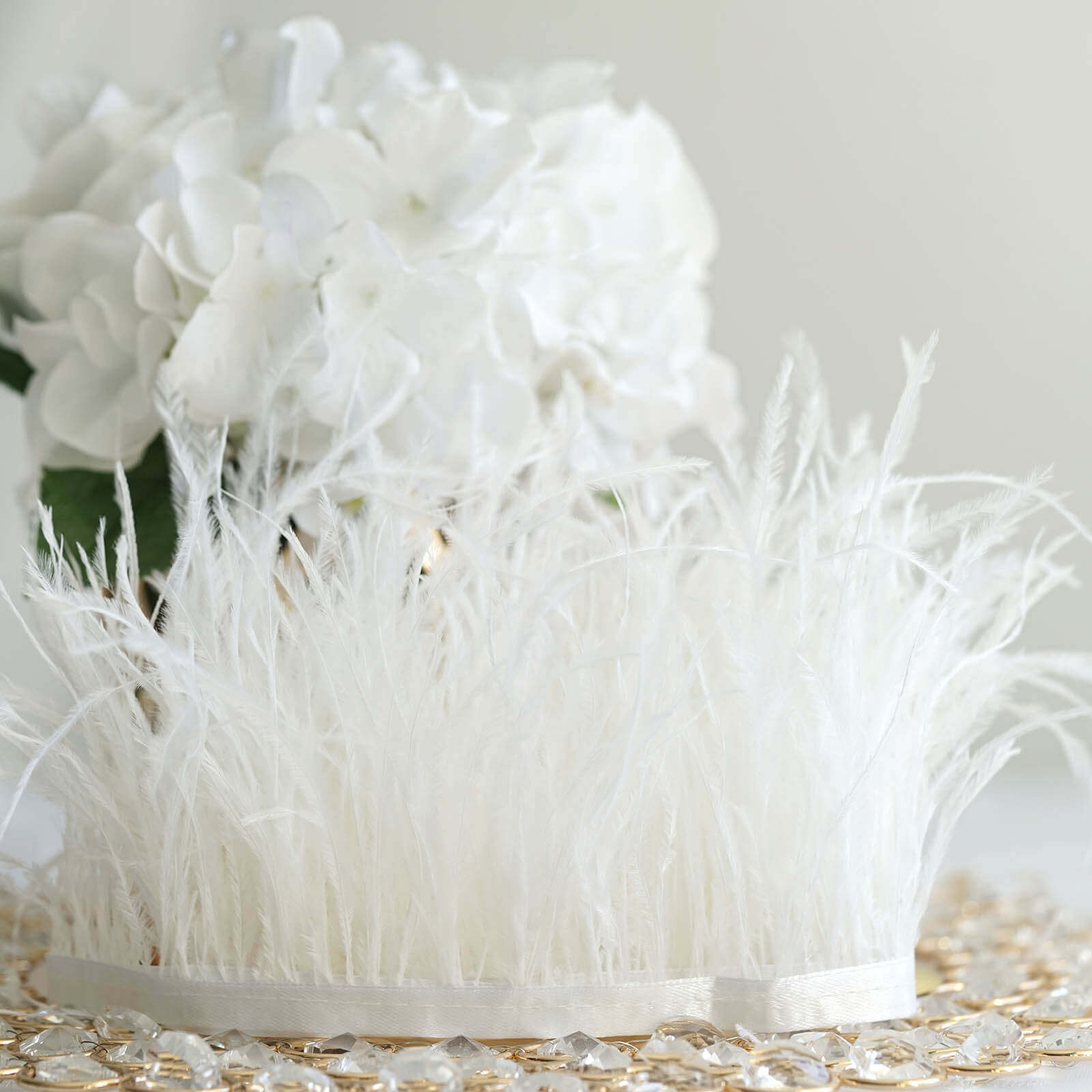Exclusive 39-Inch White Real Ostrich Feather Fringe Trim with Satin Ribbon Tape for DIY Crafts
