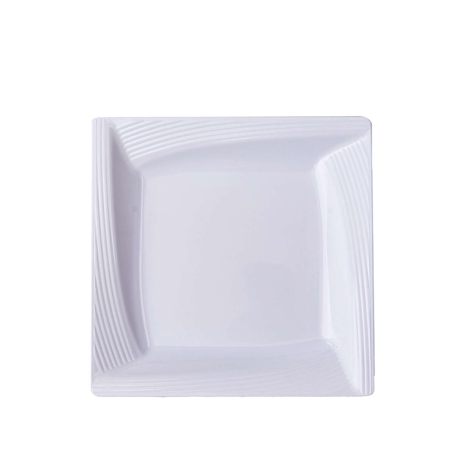 10-Pack White Disposable Plastic Square Dessert and Salad Plates with Geometric Ridge Trim for Stylish Events