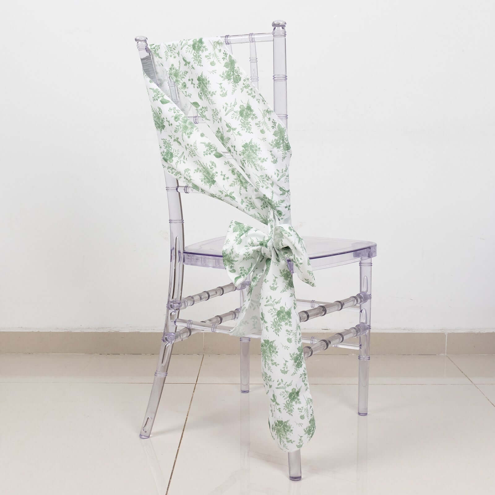 5-Pack French Toile Floral Polyester Chair Sashes in Dusty Sage Green - Stylish, Durable & Reusable