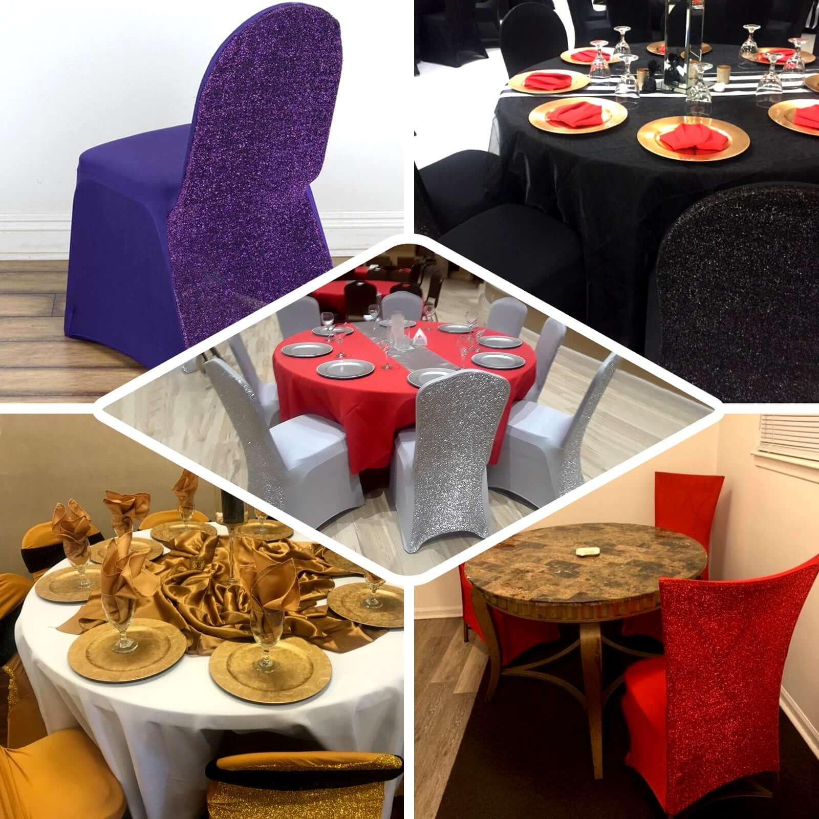 Fitted Royal Blue Spandex Chair Cover with Metallic Shimmer Tinsel Back for Banquets