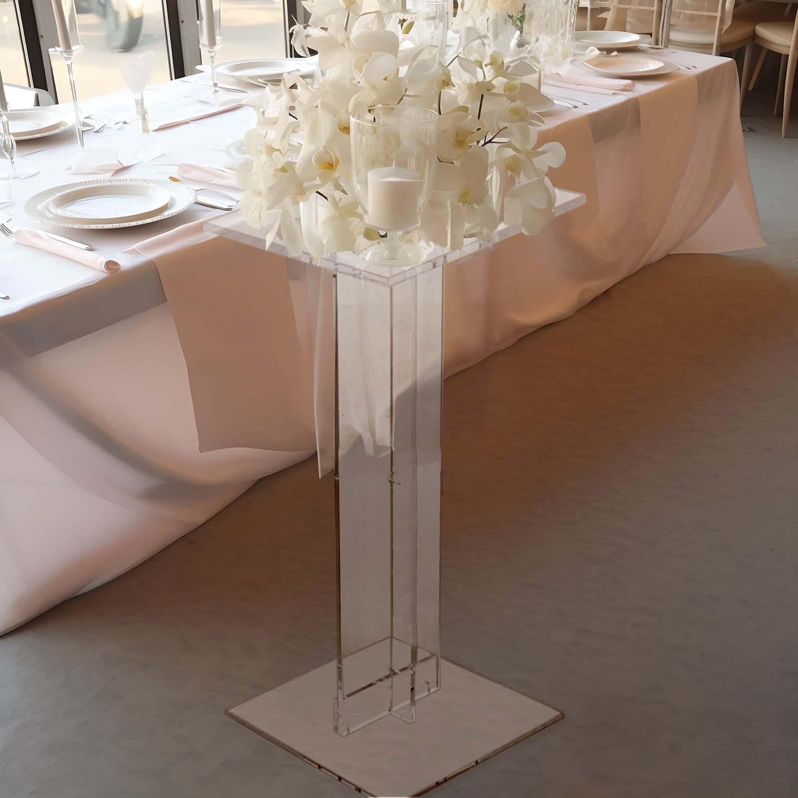 Clear Acrylic Flower Pedestal Display Stand with Square Bases - 10mm Thick, 32" Tall