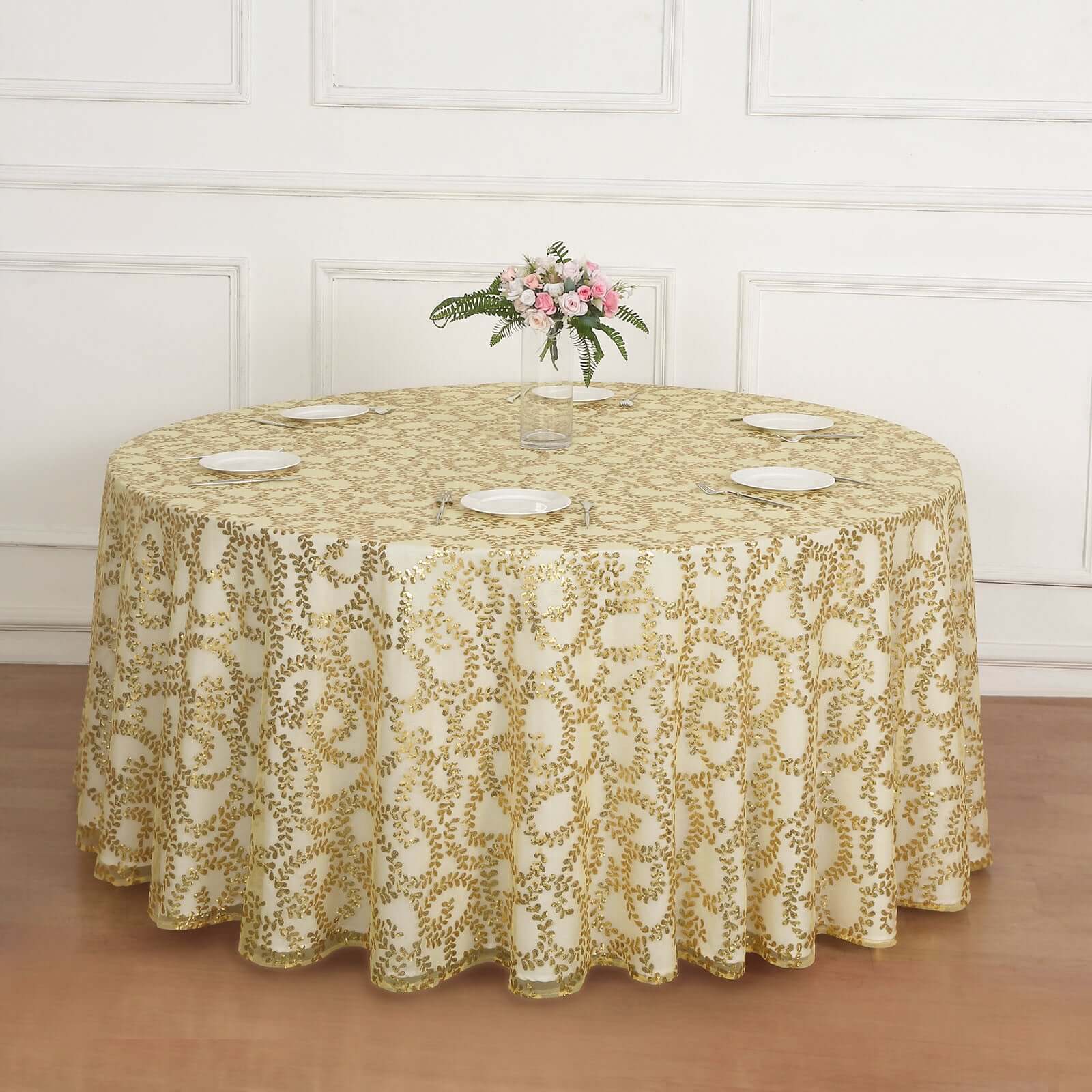 Gold Seamless Sequin Leaf Embroidered 120 Round Tulle Tablecloth for Elegant Events