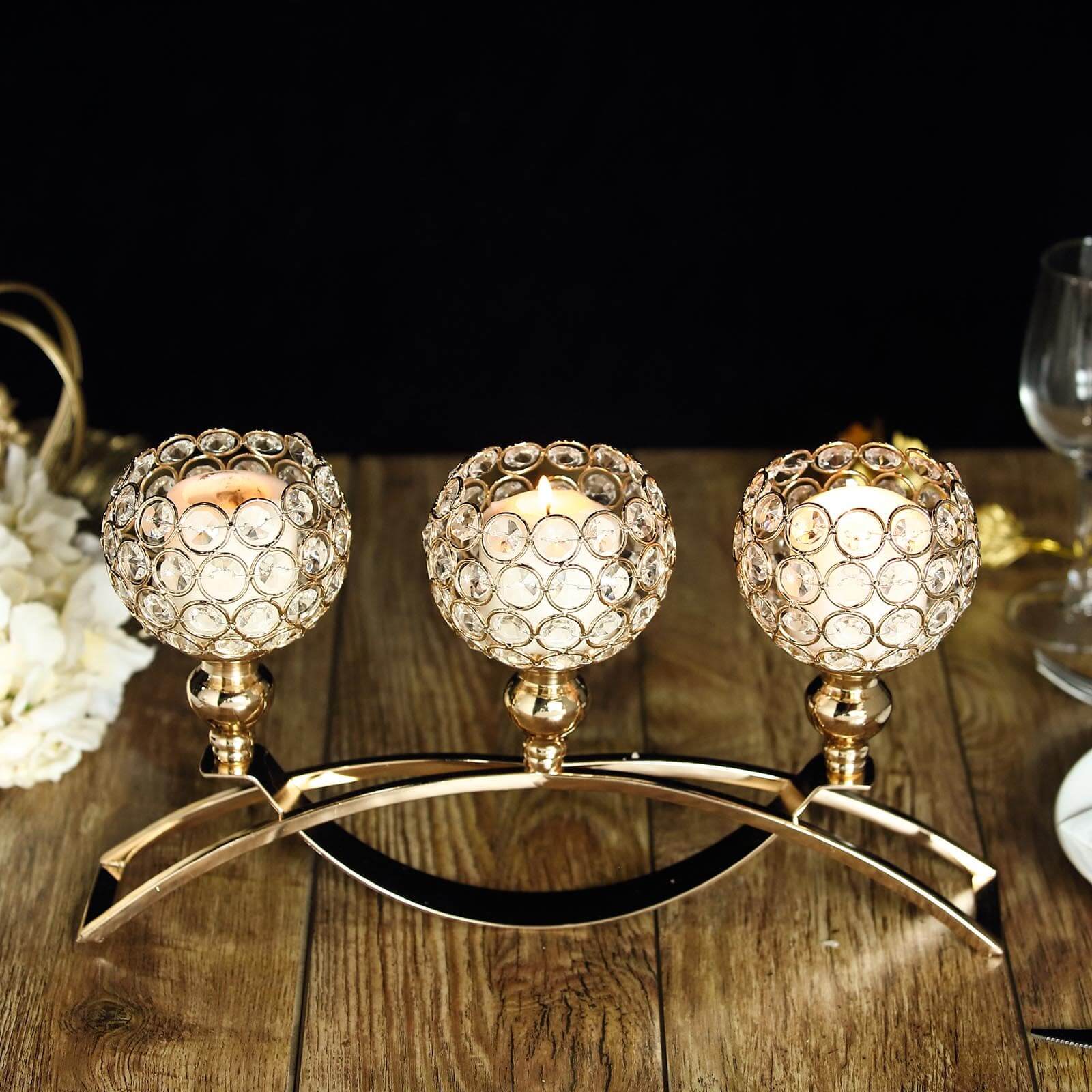 Chic Gold 3-Arm Arch Bridge Candelabra with Crystal Beads - Ideal Table Centerpiece for Events