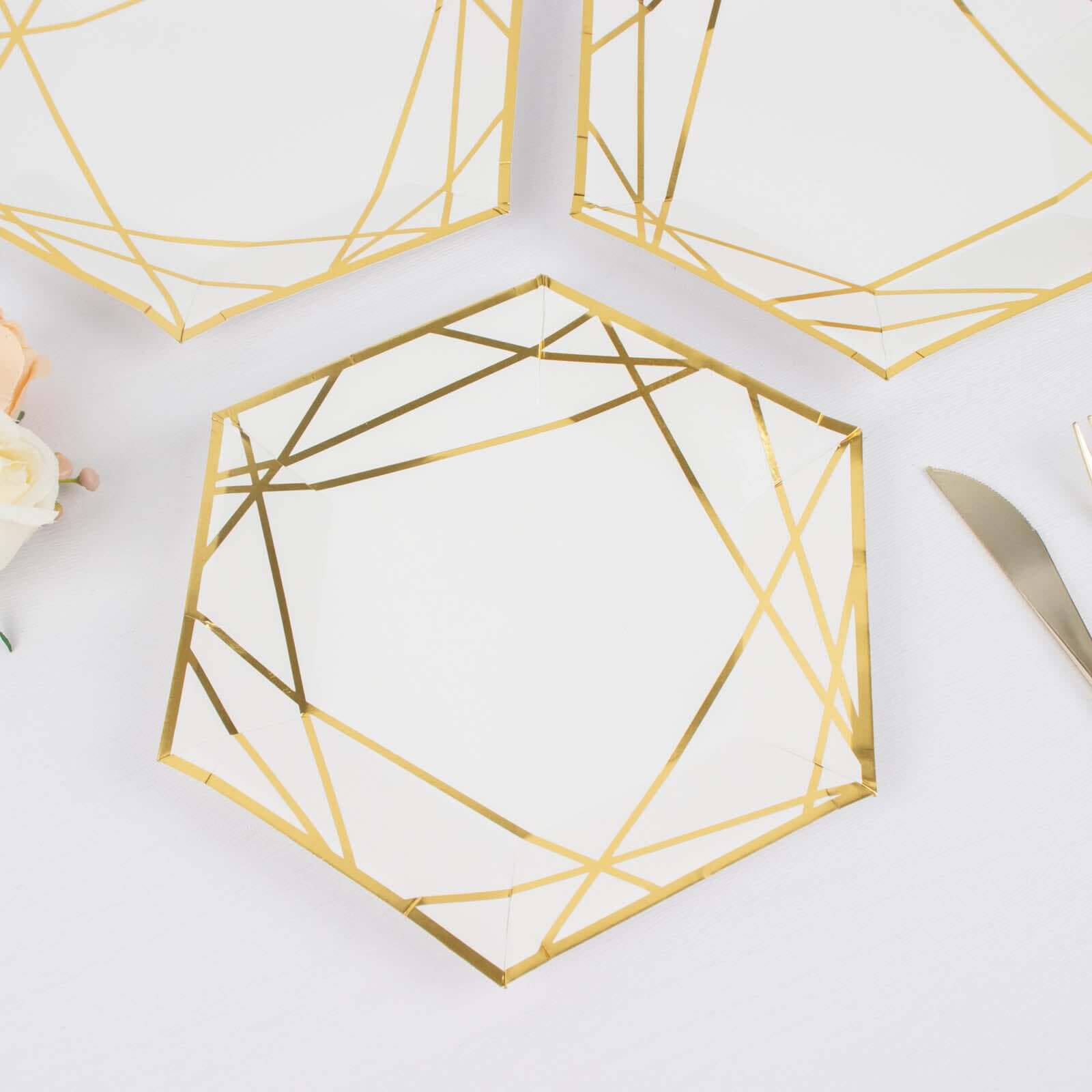 25-Pack White & Gold Geometric Hexagon Disposable Paper Appetizer and Salad Plates for Events