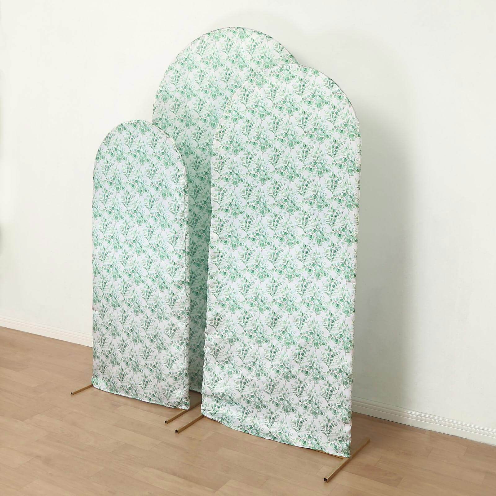 Hot! Set of 3 Satin Wedding Arch Covers with Eucalyptus Leaves Print - 5ft, 6ft, 7ft