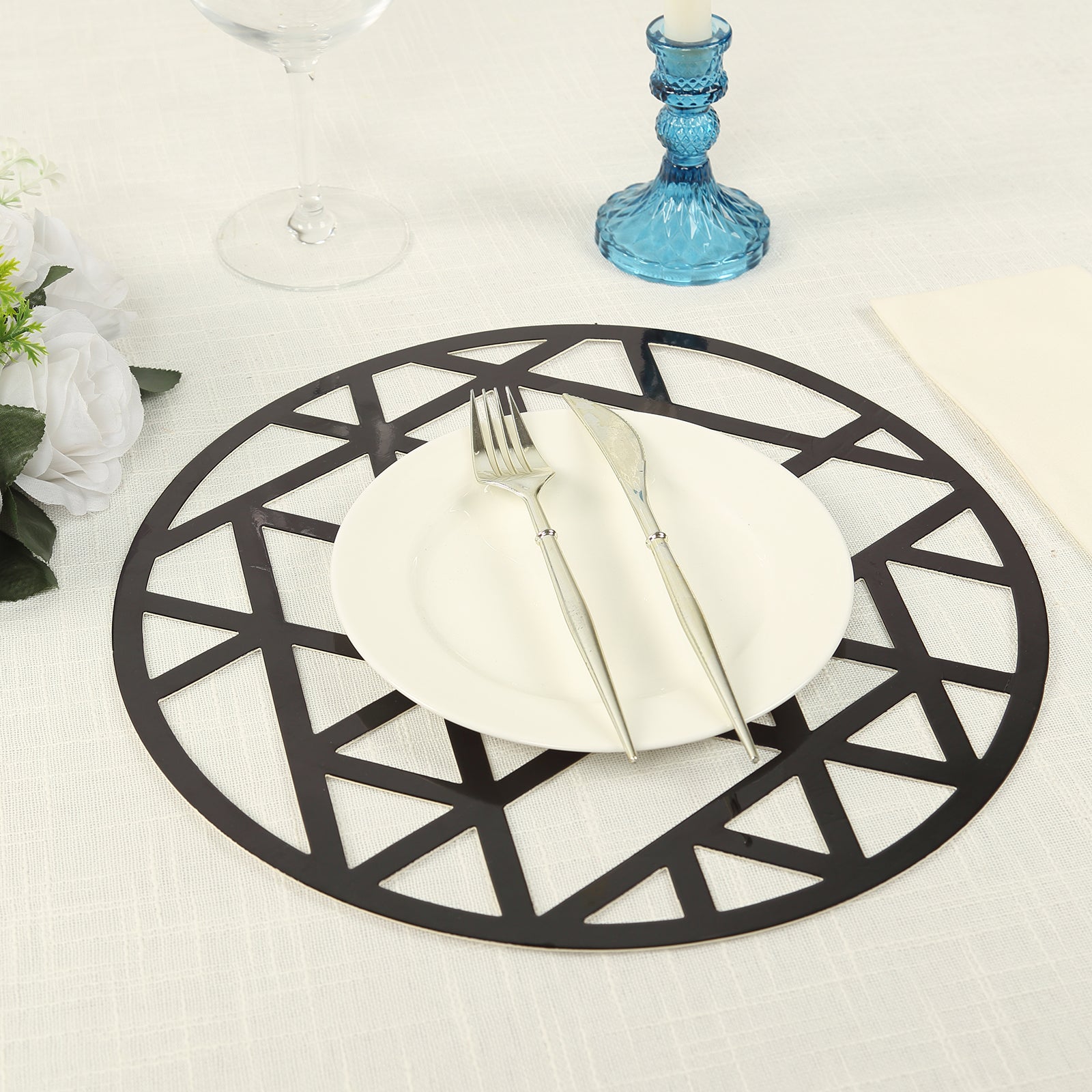 Hot Sale! 6-Pack Disposable Black Cardboard Table Placemats with Laser-Cut Geometric Triangles, 13 Inches