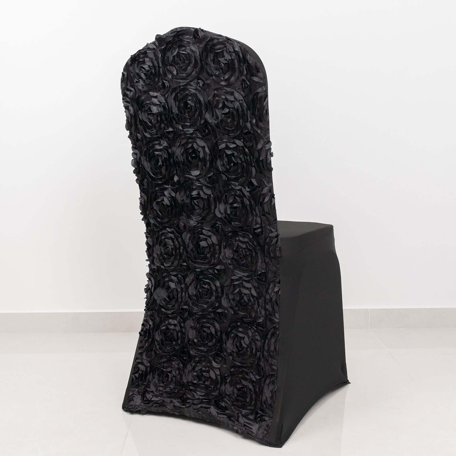 Black Stretch Fitted Satin Rosette Slip-On Cover for Banquet Chairs