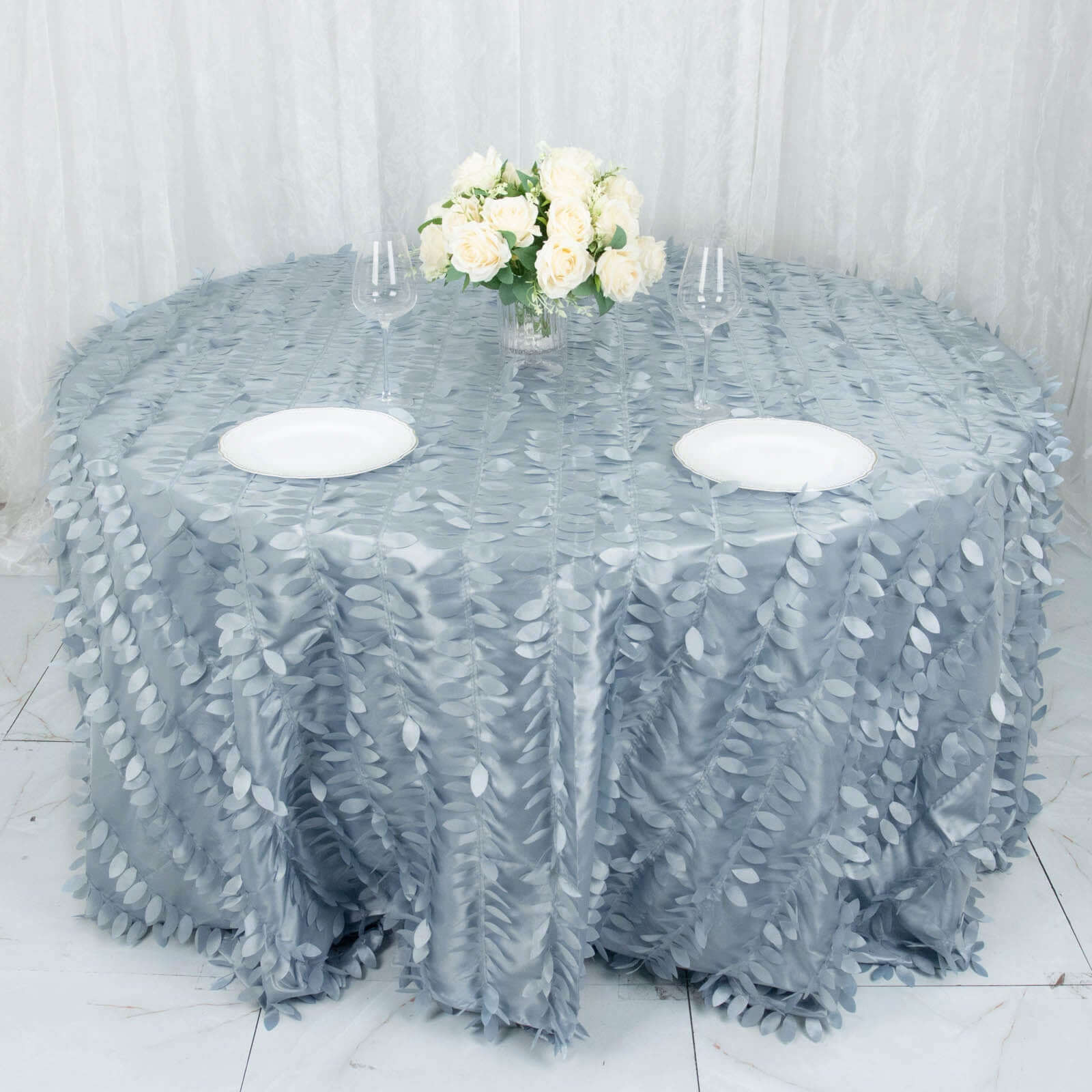 Exclusive Dusty Blue Taffeta 132' Round Tablecloth with 3D Leaf Petal Design