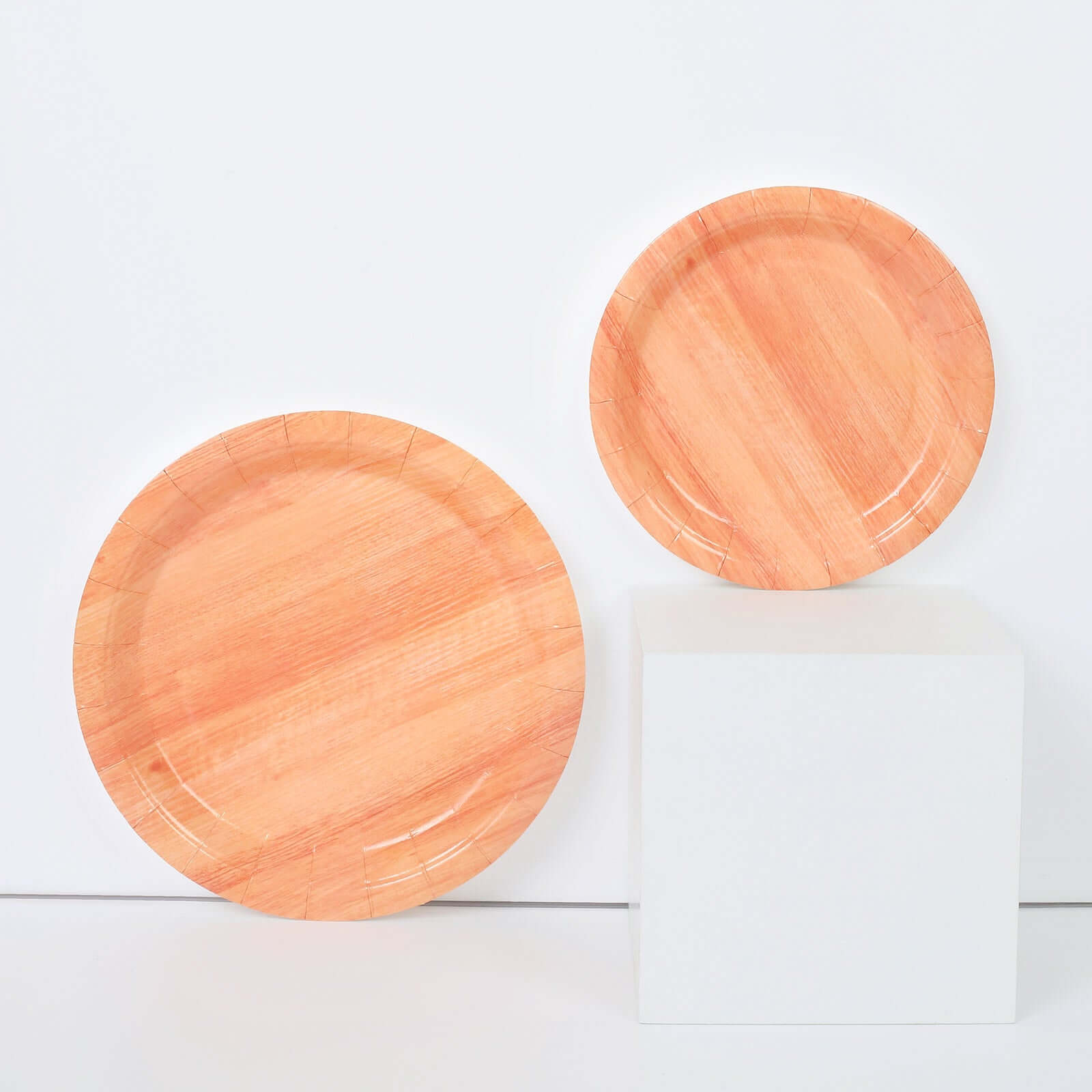 25-Pack 7-Inch Disposable Round Paper Dessert Plates with Natural Wood Grain Print for Rustic Events