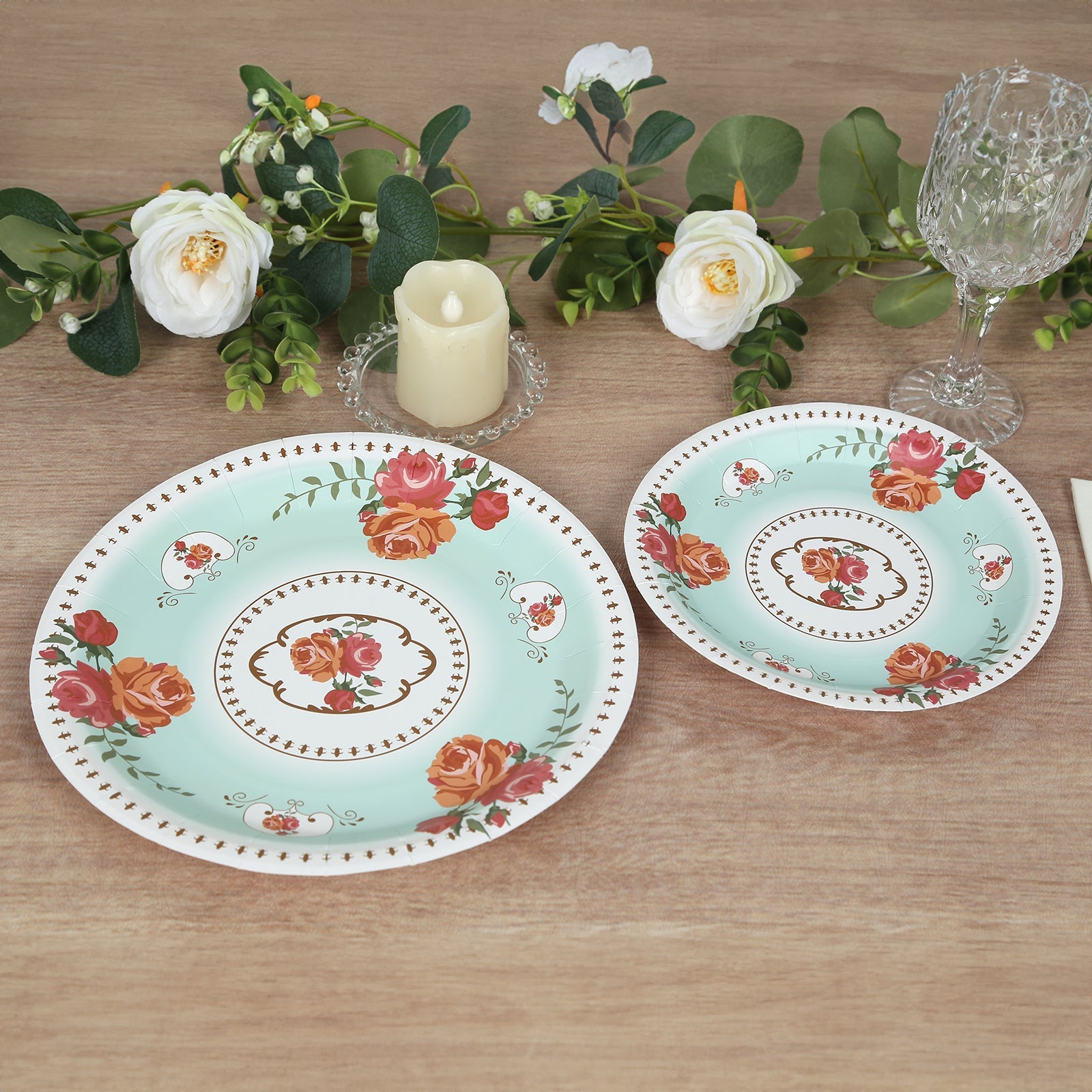 25-Pack 7-Inch Turquoise Vintage Rose Print Disposable Dessert Plates - Ideal for Events