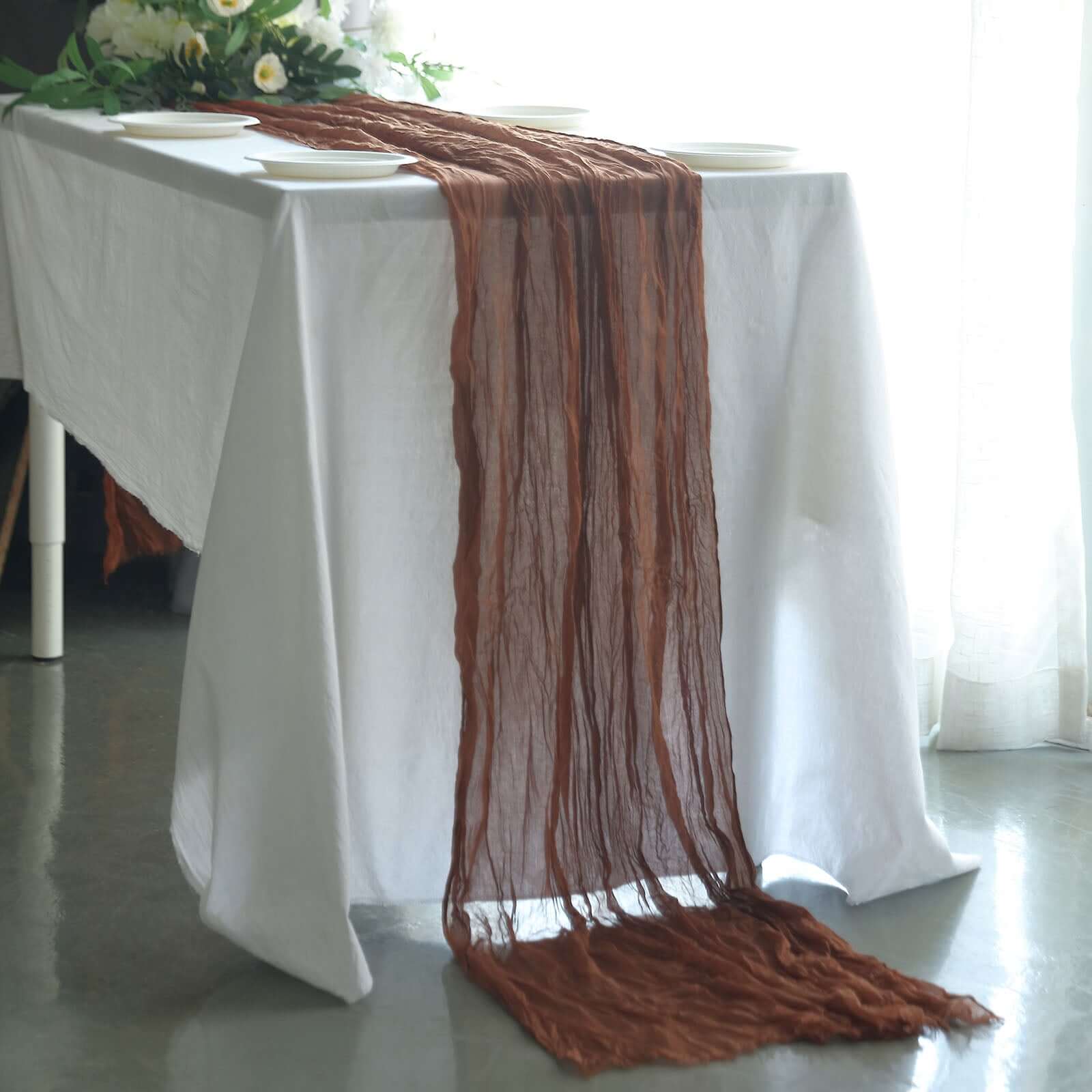 Hot Sale! 10ft Cinnamon Brown Gauze Cheesecloth Table Runner in Rustic Boho Style