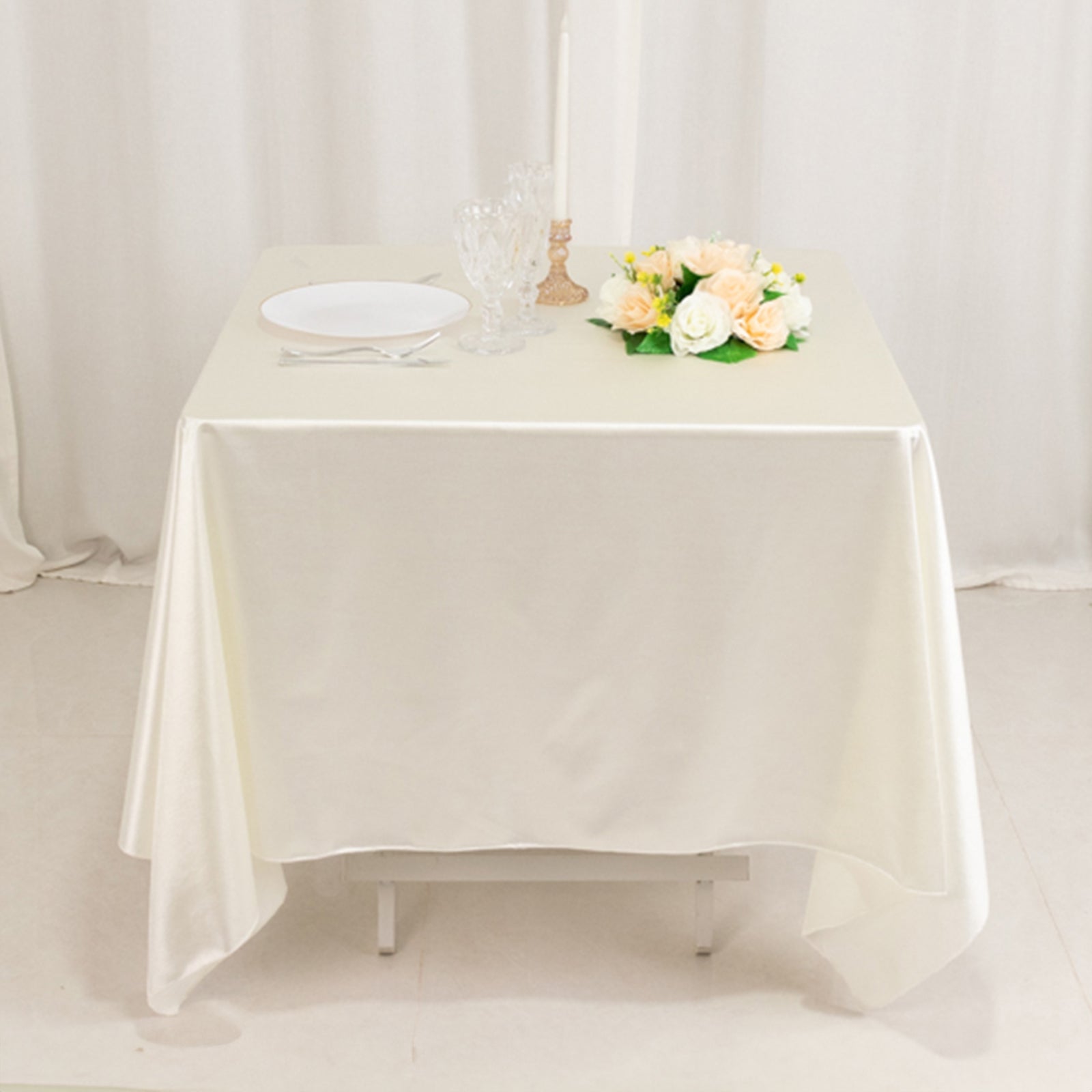 Wrinkle-Free & Stain-Resistant Shimmer Pearl White 70x70 Premium Scuba Square Tablecloth for Weddings and Parties