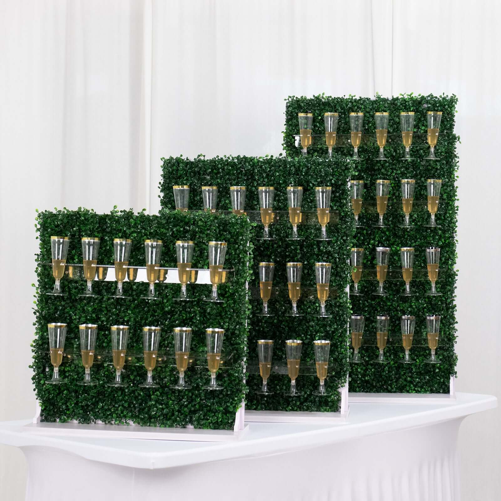 Exclusive Set of 3 Green Champagne Wall Glass Holders - Tiered Faux Boxwood Stemware Racks for Classy Events