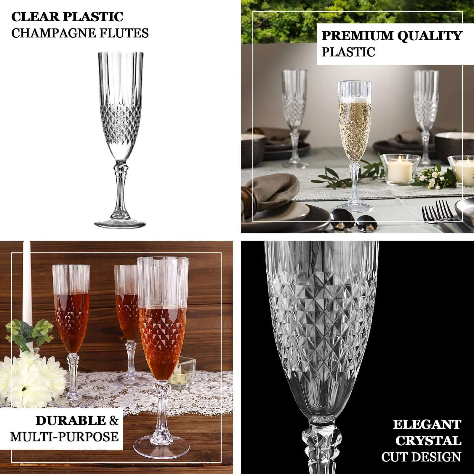 6-Piece Set of Reusable Navy Blue 8oz Plastic Champagne Toast Flutes with Crystal Cut Design