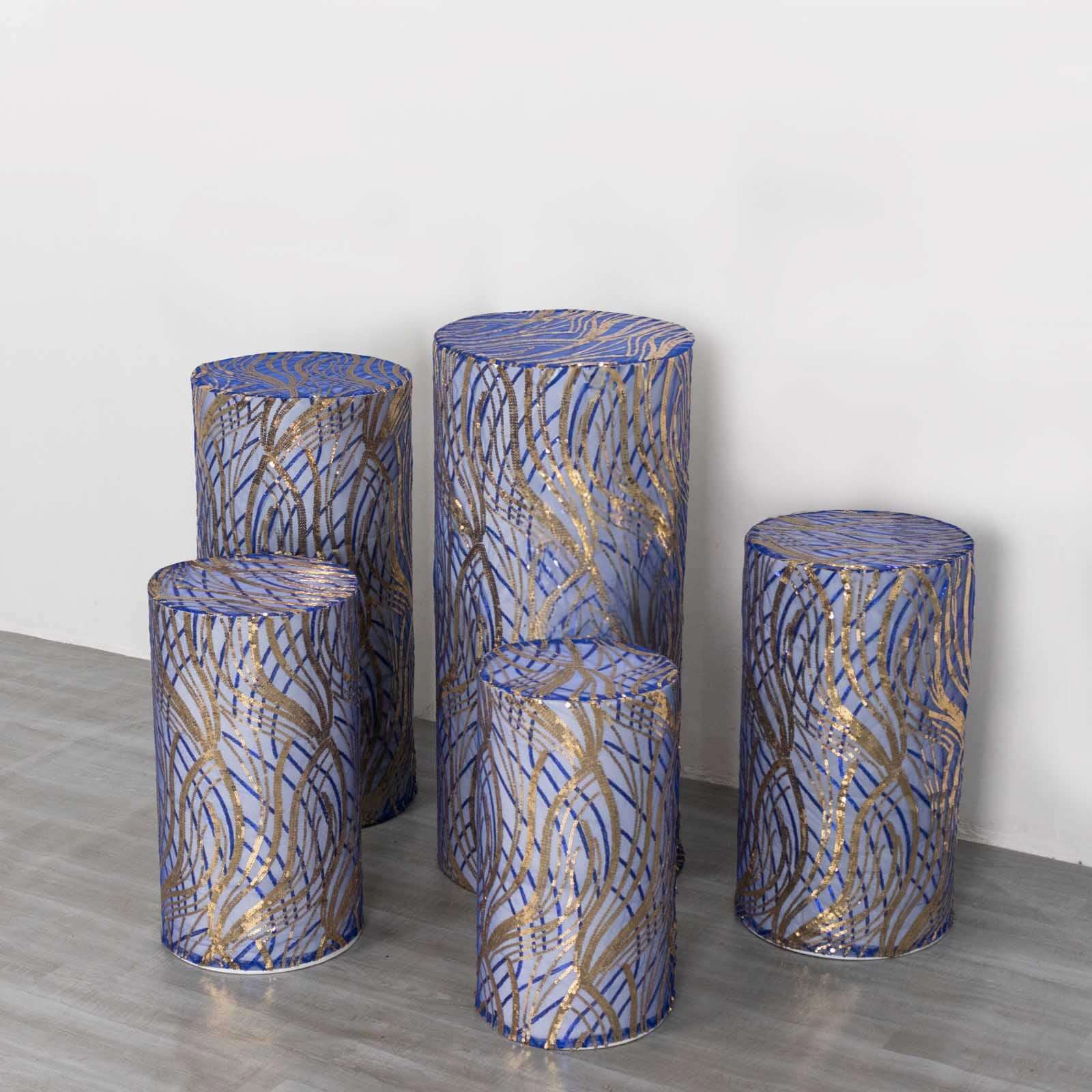 Hot Sale! Set of 5 Royal Blue Sequin Mesh Cylinder Pedestal Stand Covers with Wave Pattern