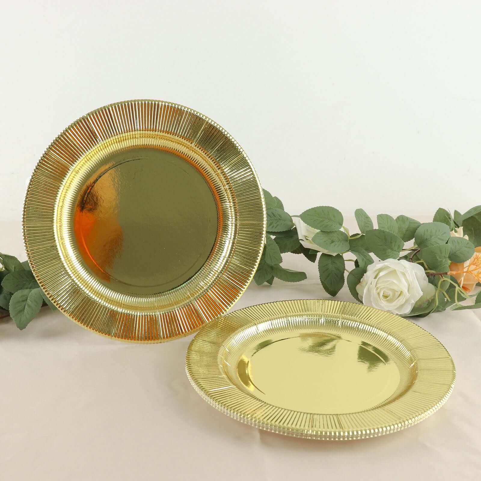 25-Piece Set of Disposable 8-Inch Round Metallic Gold Sunray Design Paper Dessert Plates - Heavy Duty 350GSM