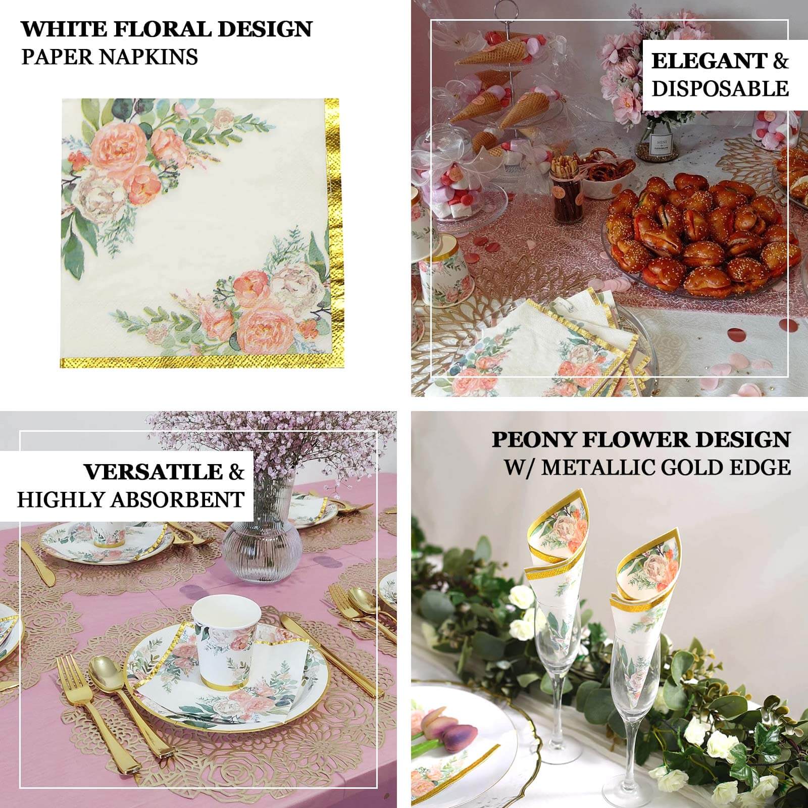 20-Pack 18GSM 2-Ply Pink Peony Floral Gold Trimmed White Paper Cocktail Napkins for Weddings - Hot Sale