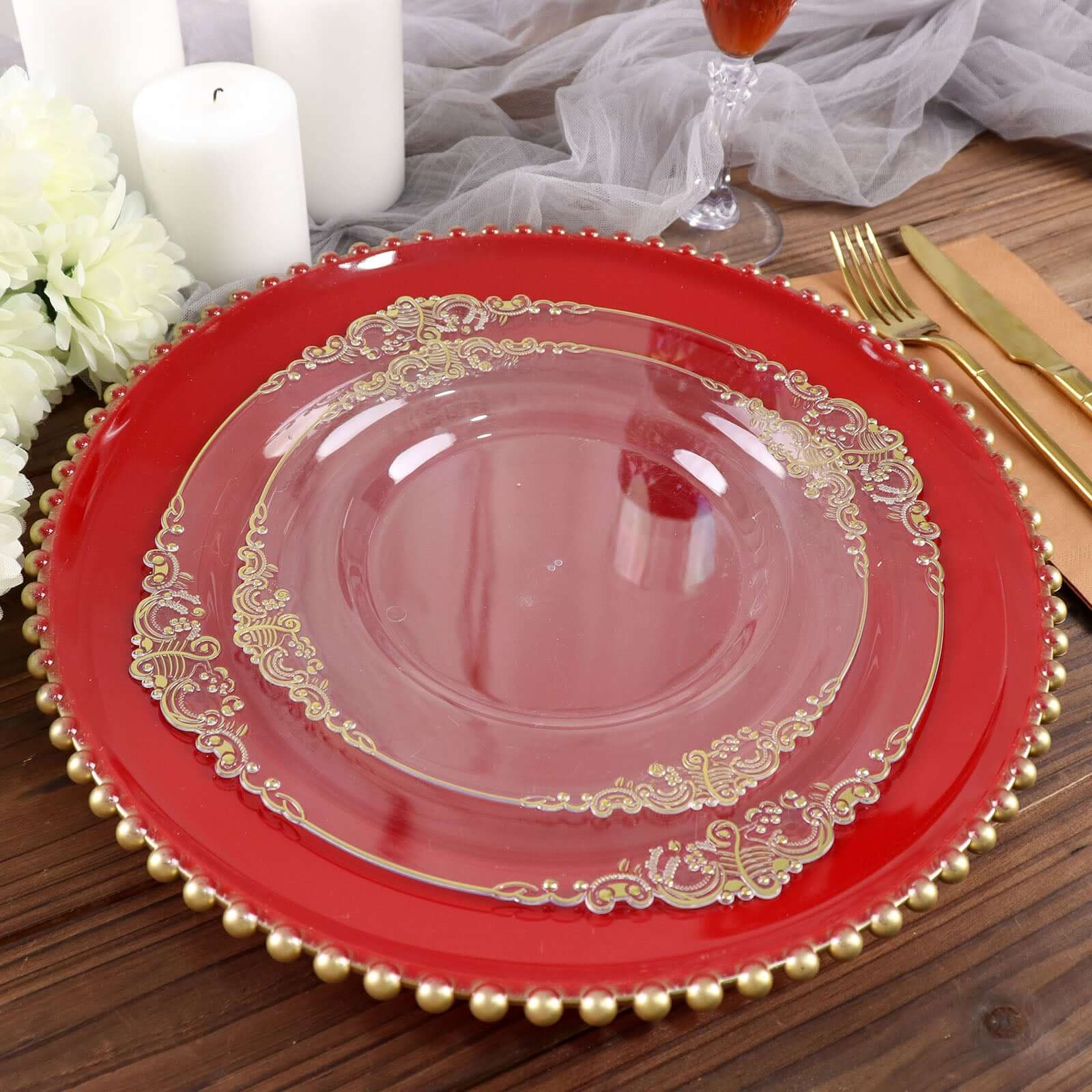 Hot Sale! 6-Piece Set of 13-Inch Red Acrylic Round Charger Plates with Gold Beaded Rims for Dinner Parties