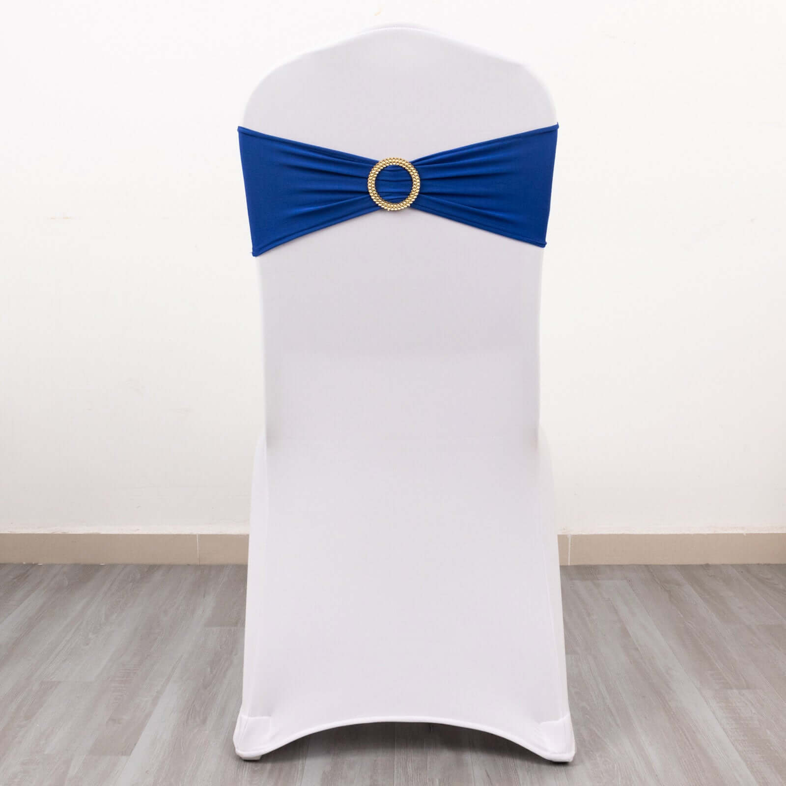 Royal Blue Spandex Chair Sashes with Gold Rhinestone Buckles - 5 Pack, Reusable & Four-Way Stretch