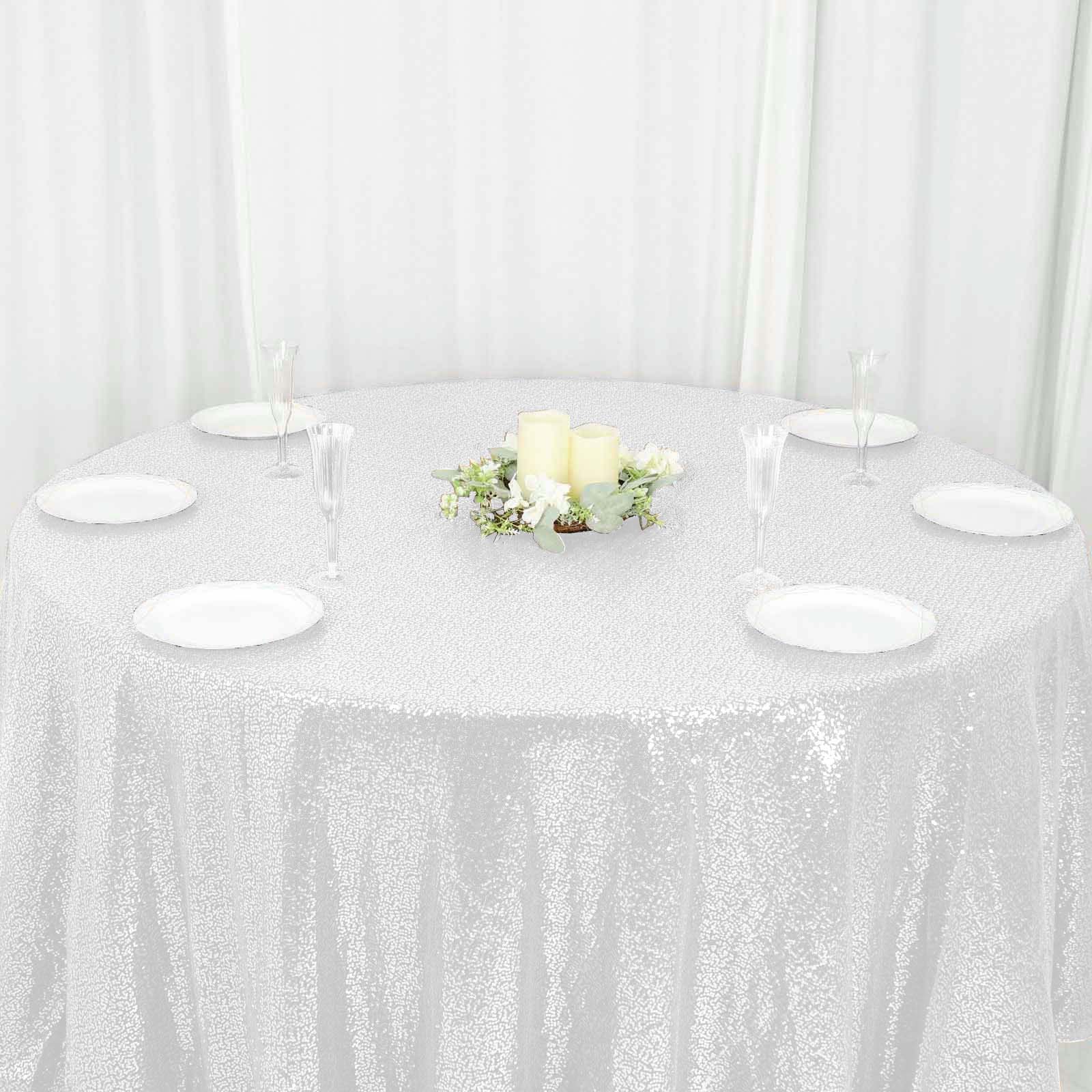 White Seamless Glittering 120 Round Sequin Tablecloth for Elegant Events