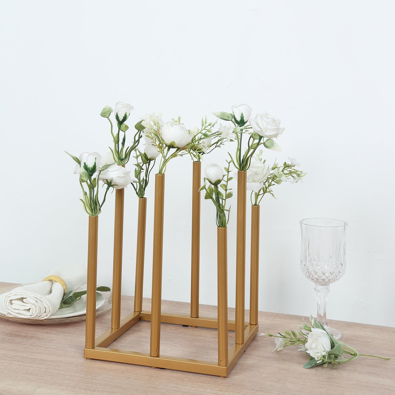 Single Stem Gold Metal Minimalist 8-Tube Flower Vase with Square Base, 10-Inch Tall