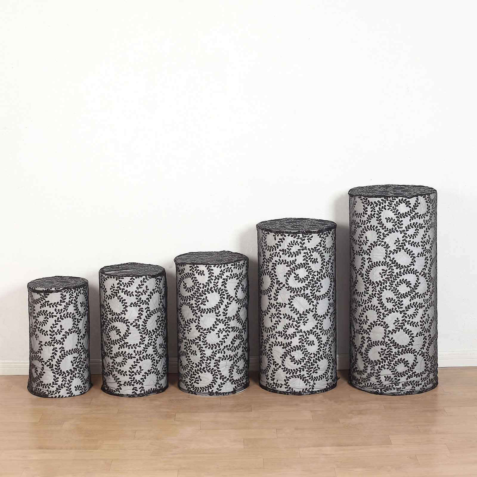 Set of 5 Sparkling Black Sequin Mesh Cylinder Pedestal Covers with Leaf Vine Design