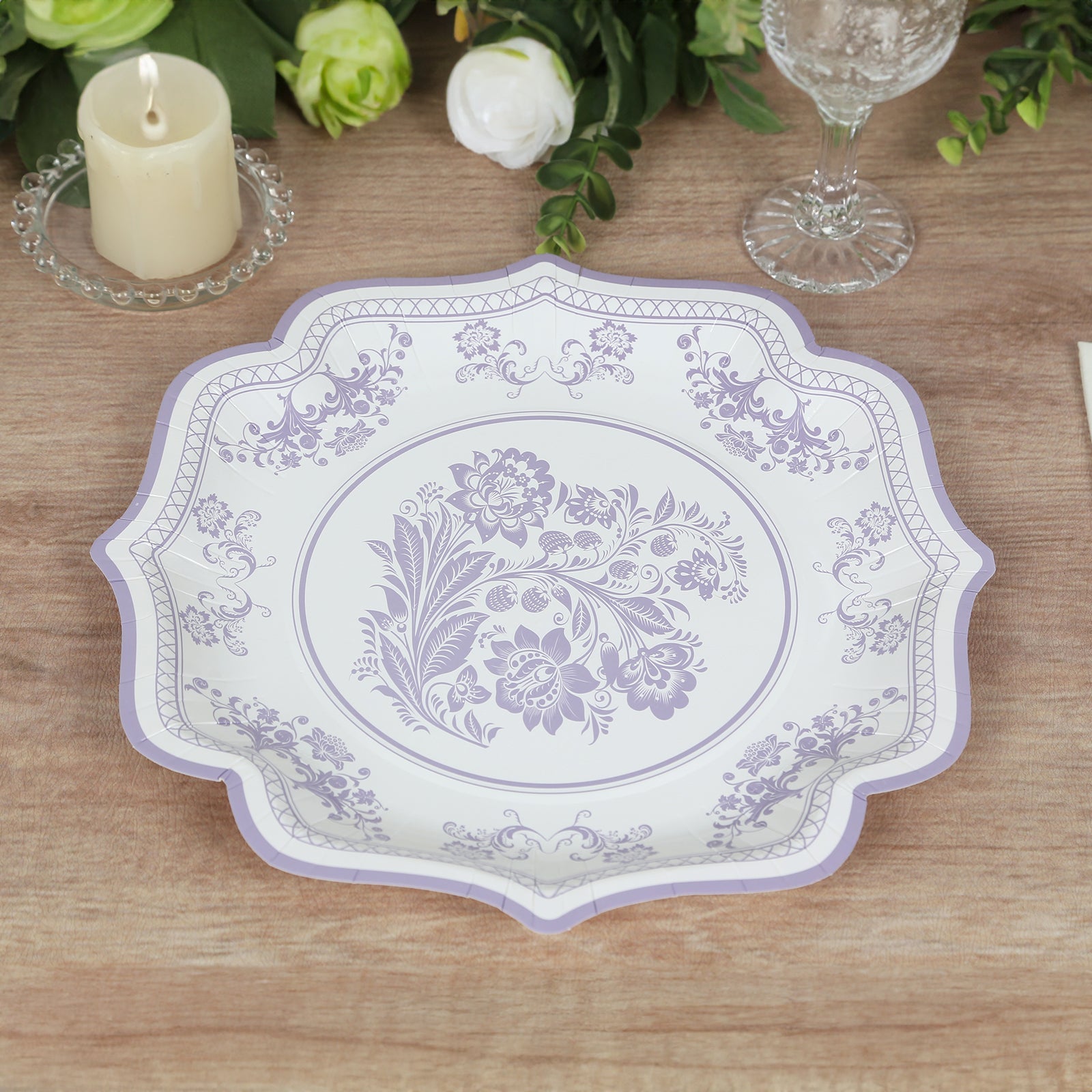 Hot Deal! 25-Pack White & Lavender Lilac Damask Floral Scallop Rim Disposable Paper Dessert Plates (8.5')