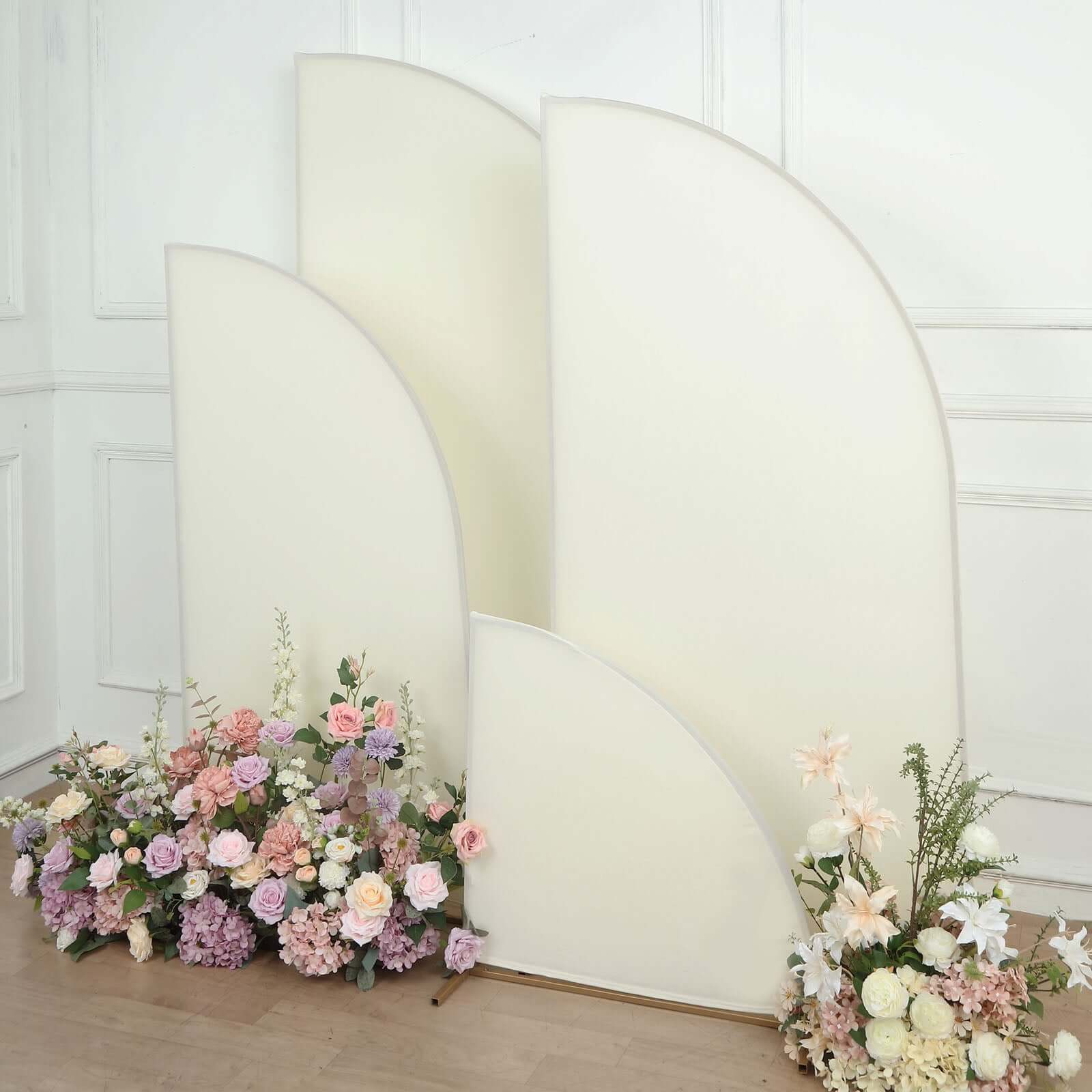 Get 4-Piece Matte Ivory Spandex Half Moon Wedding Arch Covers - Sizes 2.5ft - 7ft
